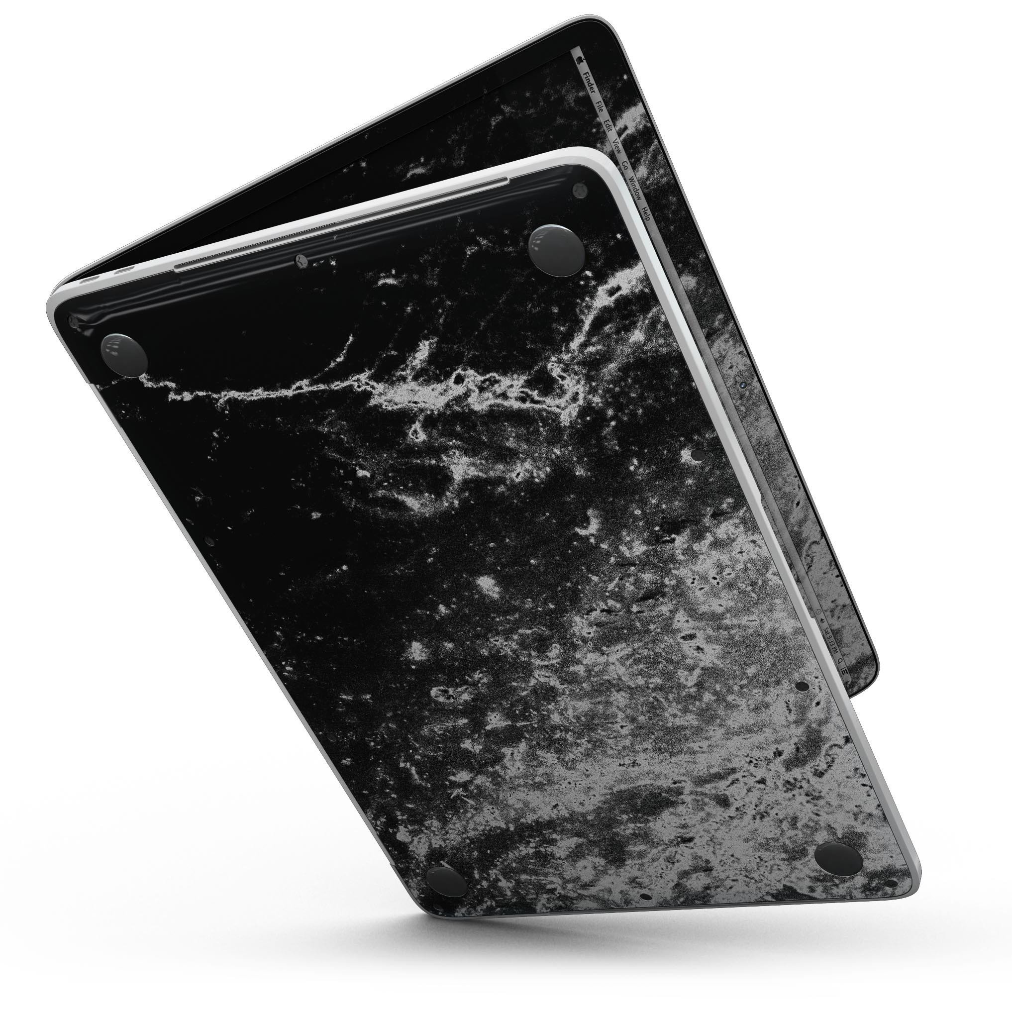 Black and White Grungy Marble Surface skin for 13" MacBook Pro without Touch Bar, showcasing a stylish and protective design.