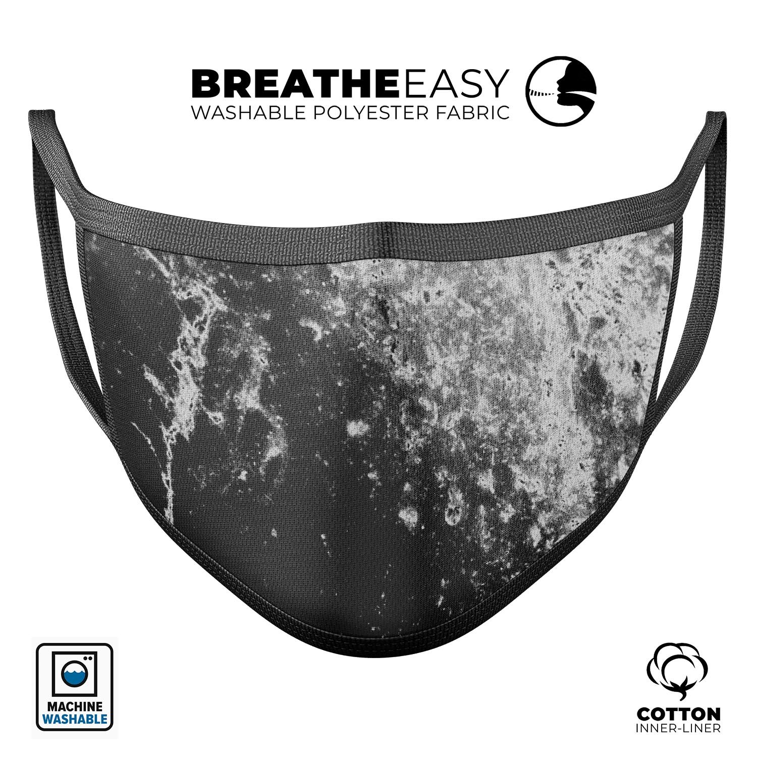 Black and white grungy marble surface reusable mouth cover, showcasing adjustable ear loops and soft cotton interior.