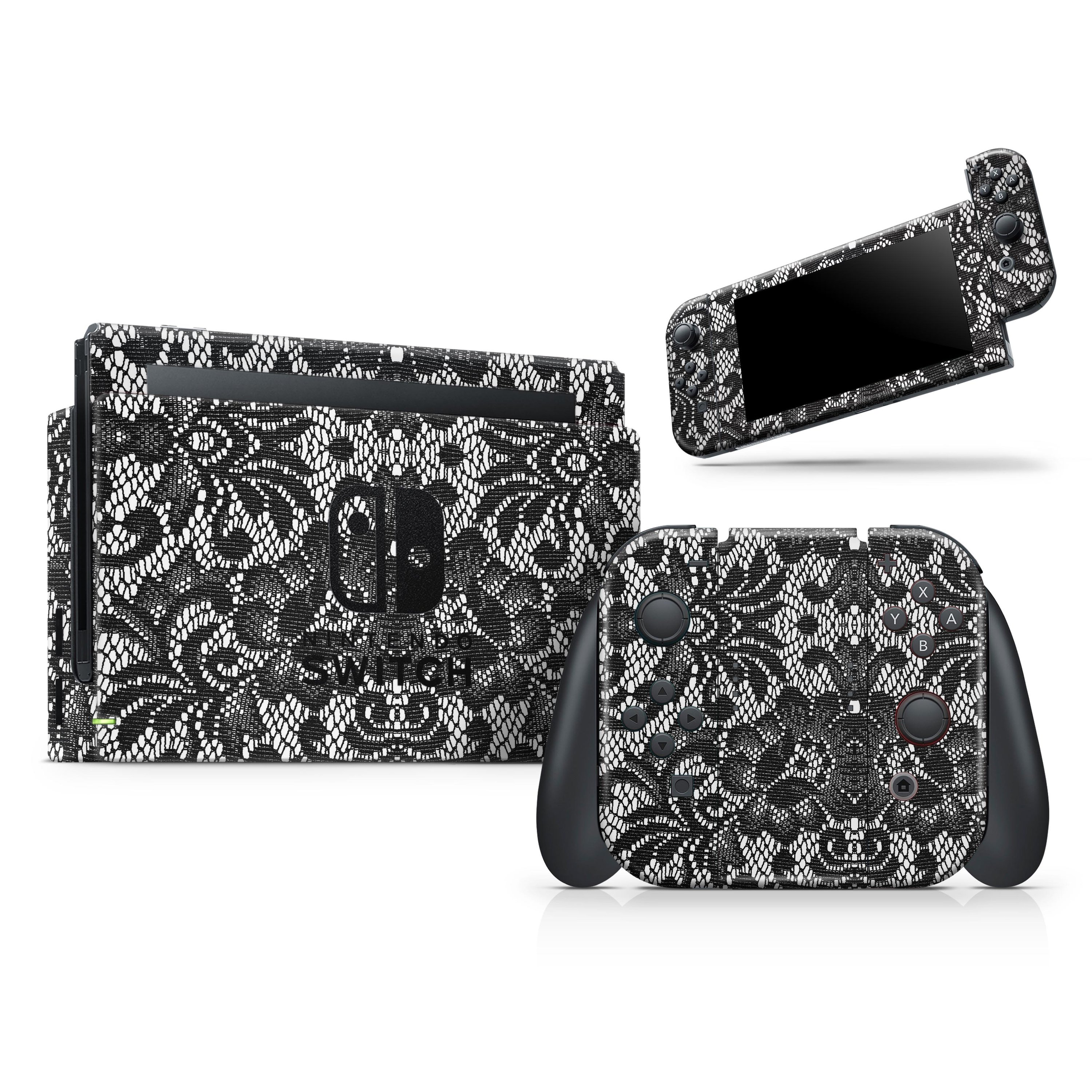 Black and white lace pattern skin wrap kit for Nintendo Switch, showcasing the design and fit on the console and controllers.