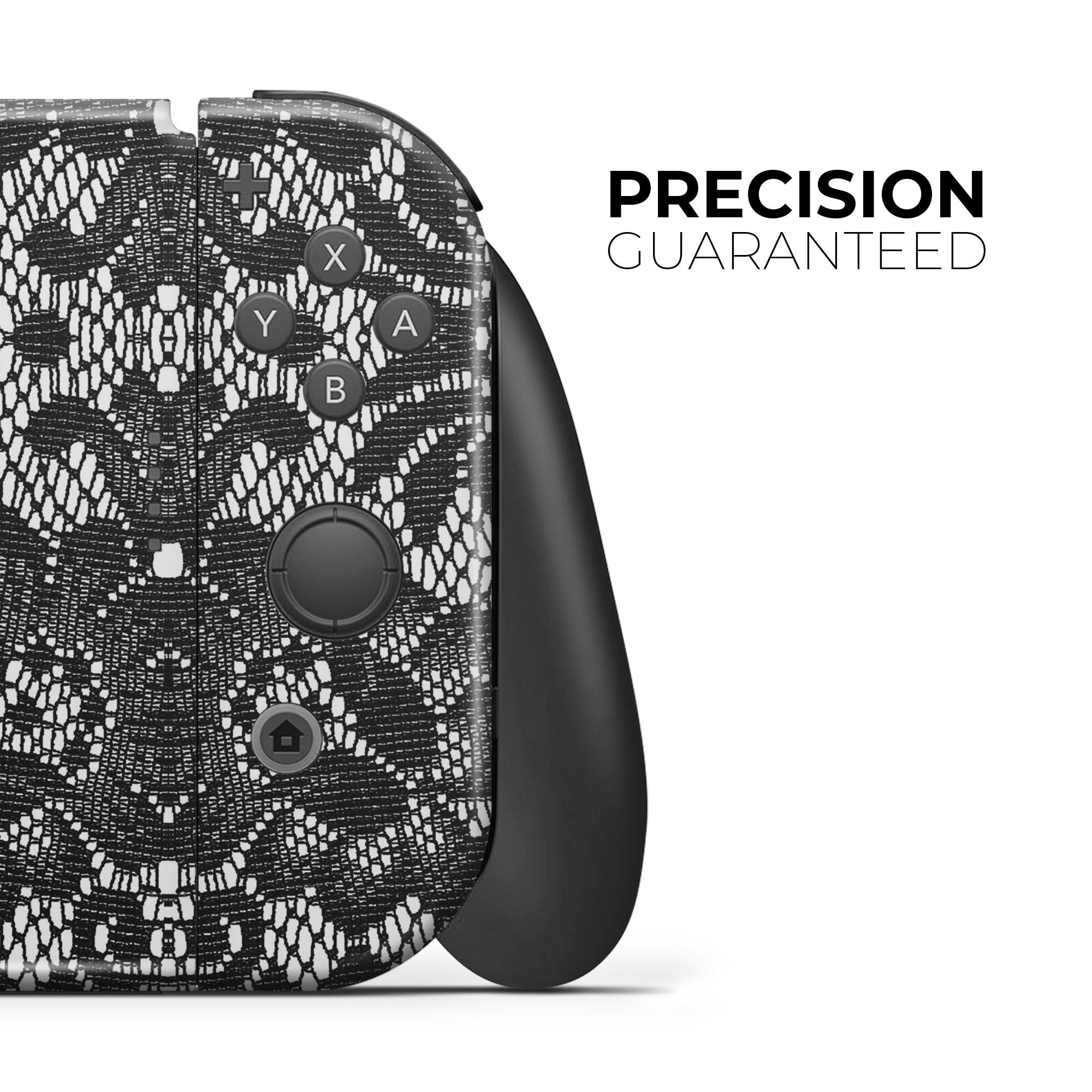 Black and white lace pattern skin wrap kit for Nintendo Switch, showcasing the design and fit on the console and controllers.