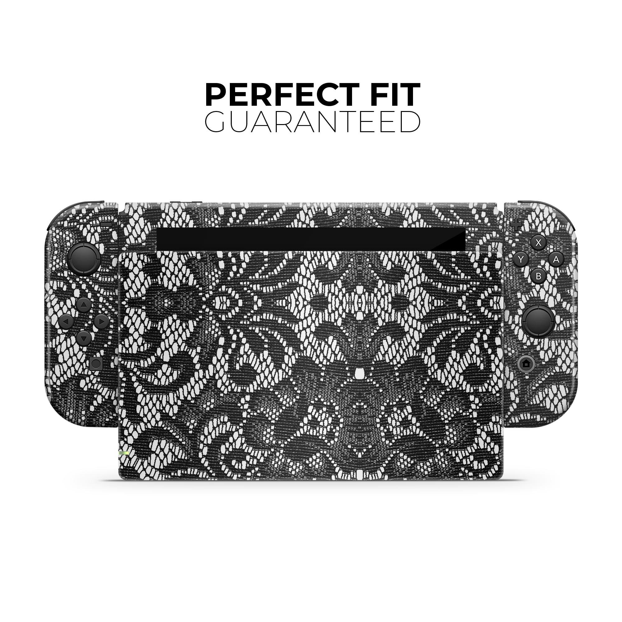 Black and white lace pattern skin wrap kit for Nintendo Switch, showcasing the design and fit on the console and controllers.