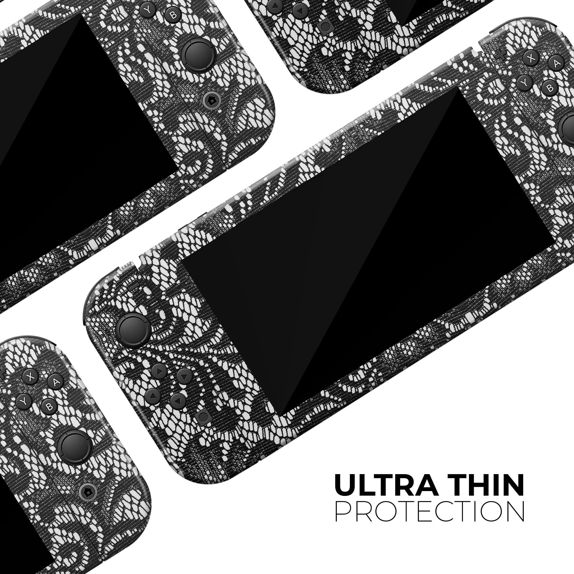 Black and white lace pattern skin wrap kit for Nintendo Switch, showcasing the design and fit on the console and controllers.