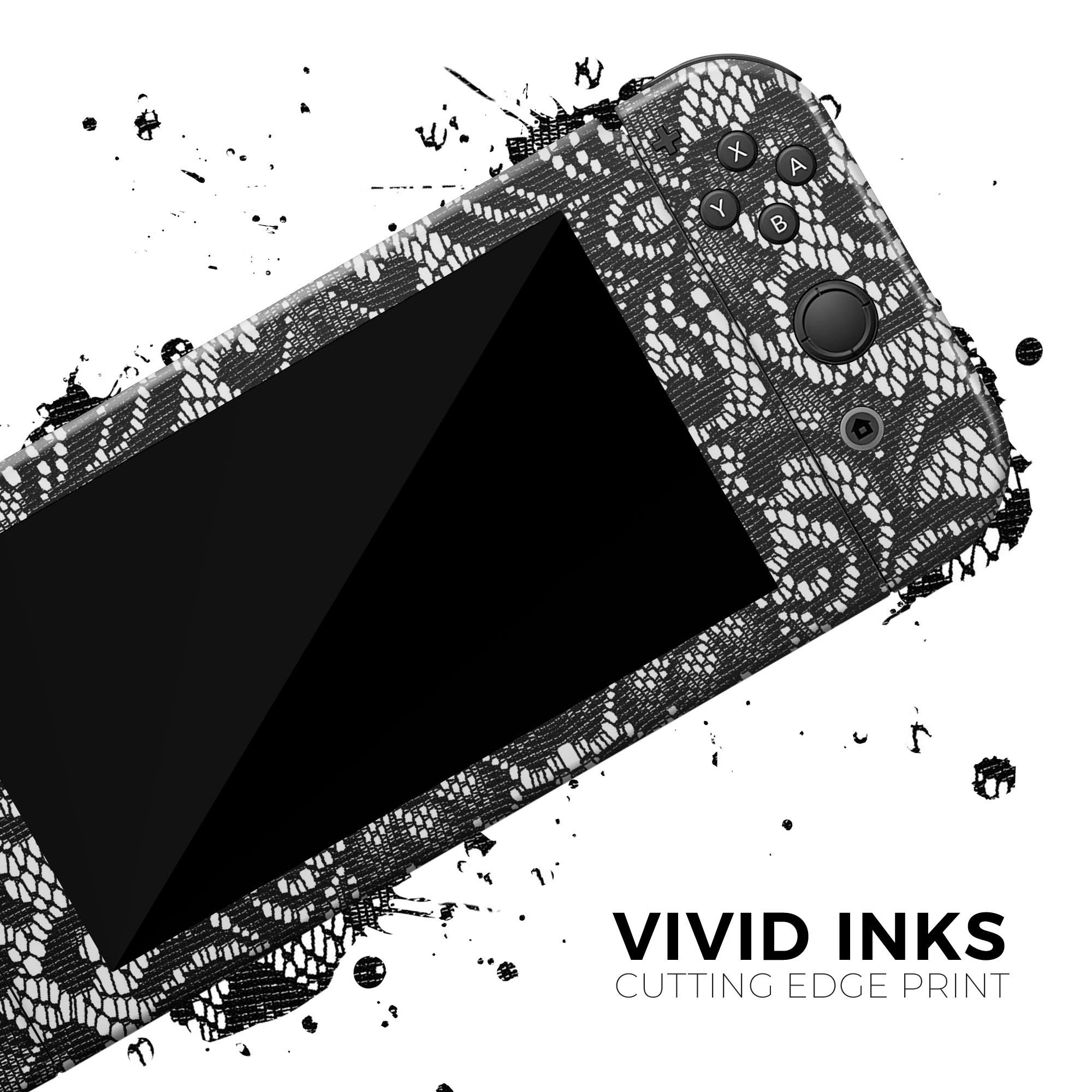 Black and white lace pattern skin wrap kit for Nintendo Switch, showcasing the design and fit on the console and controllers.