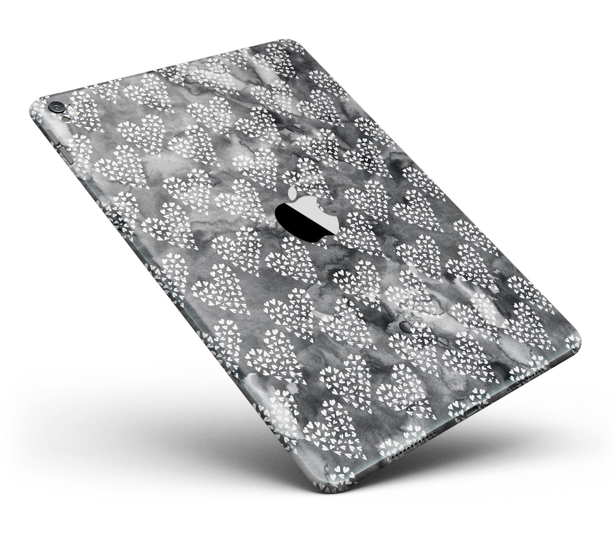 Black and White Watercolor Hearts Full Body Skin for iPad Pro, showcasing a stylish design that wraps around the device.