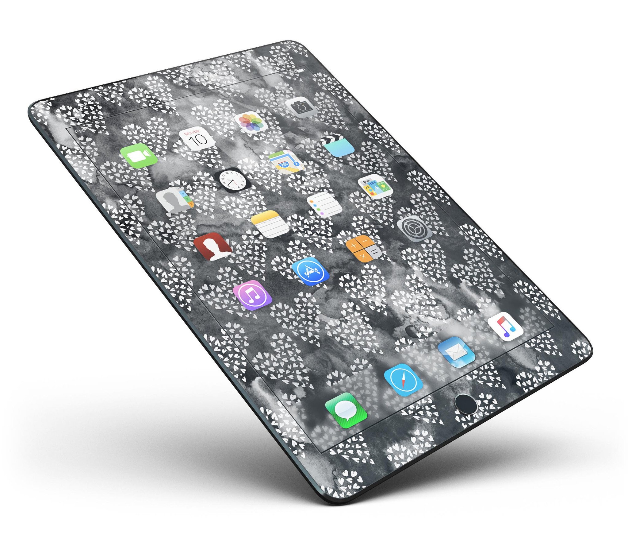 Black and White Watercolor Hearts Full Body Skin for iPad Pro, showcasing a stylish design that wraps around the device.