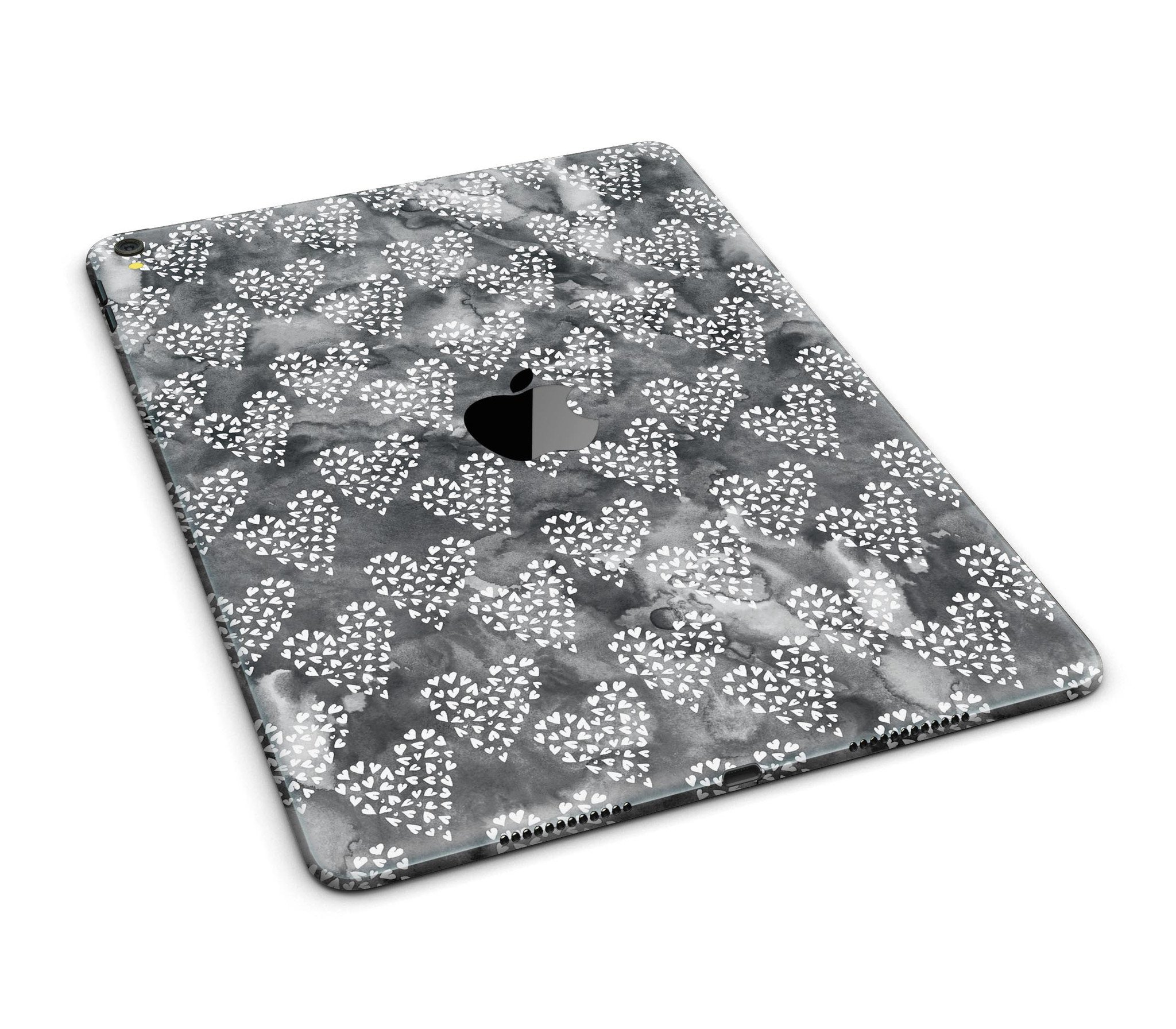 Black and White Watercolor Hearts Full Body Skin for iPad Pro, showcasing a stylish design that wraps around the device.