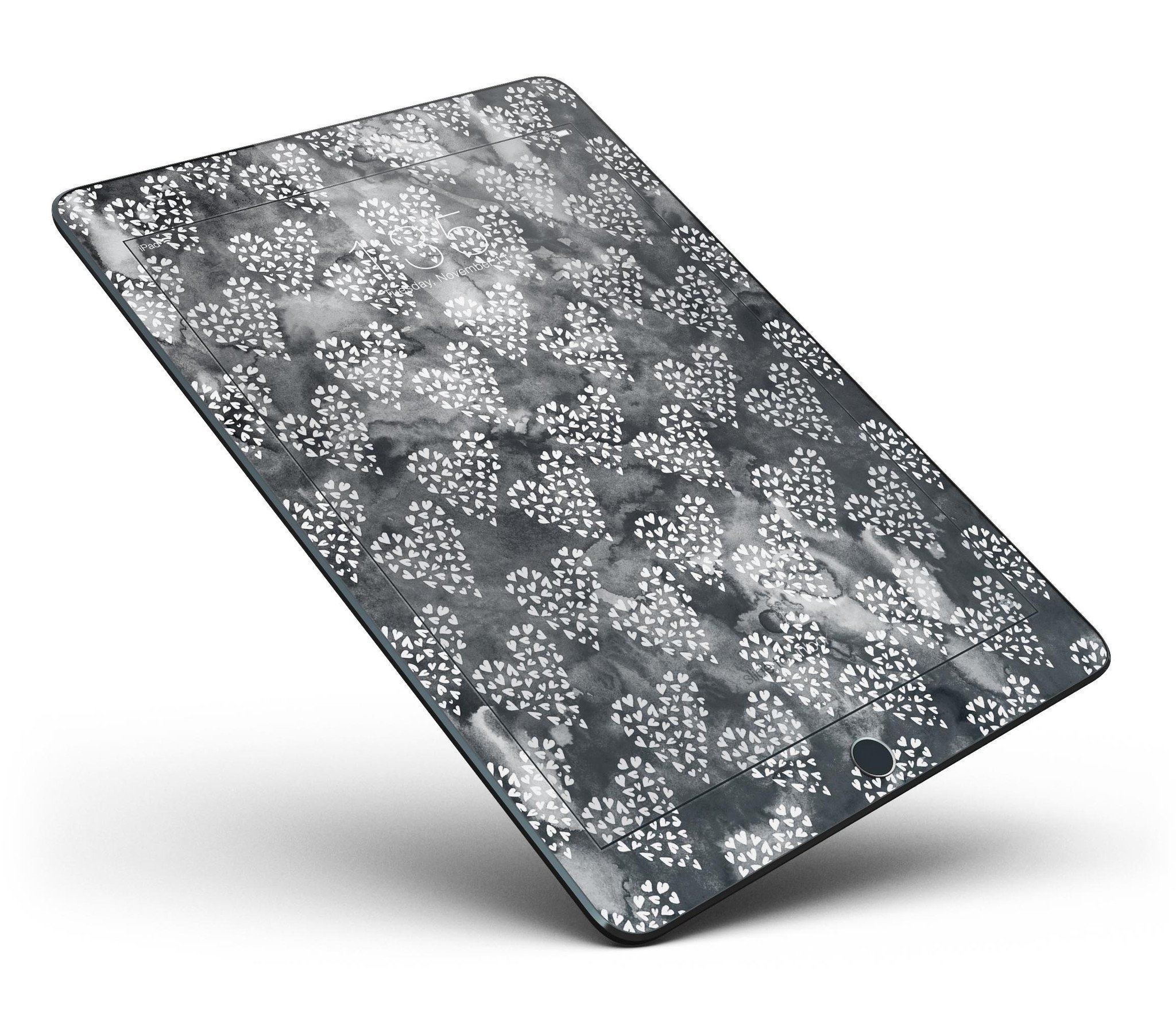 Black and White Watercolor Hearts Full Body Skin for iPad Pro, showcasing a stylish design that wraps around the device.