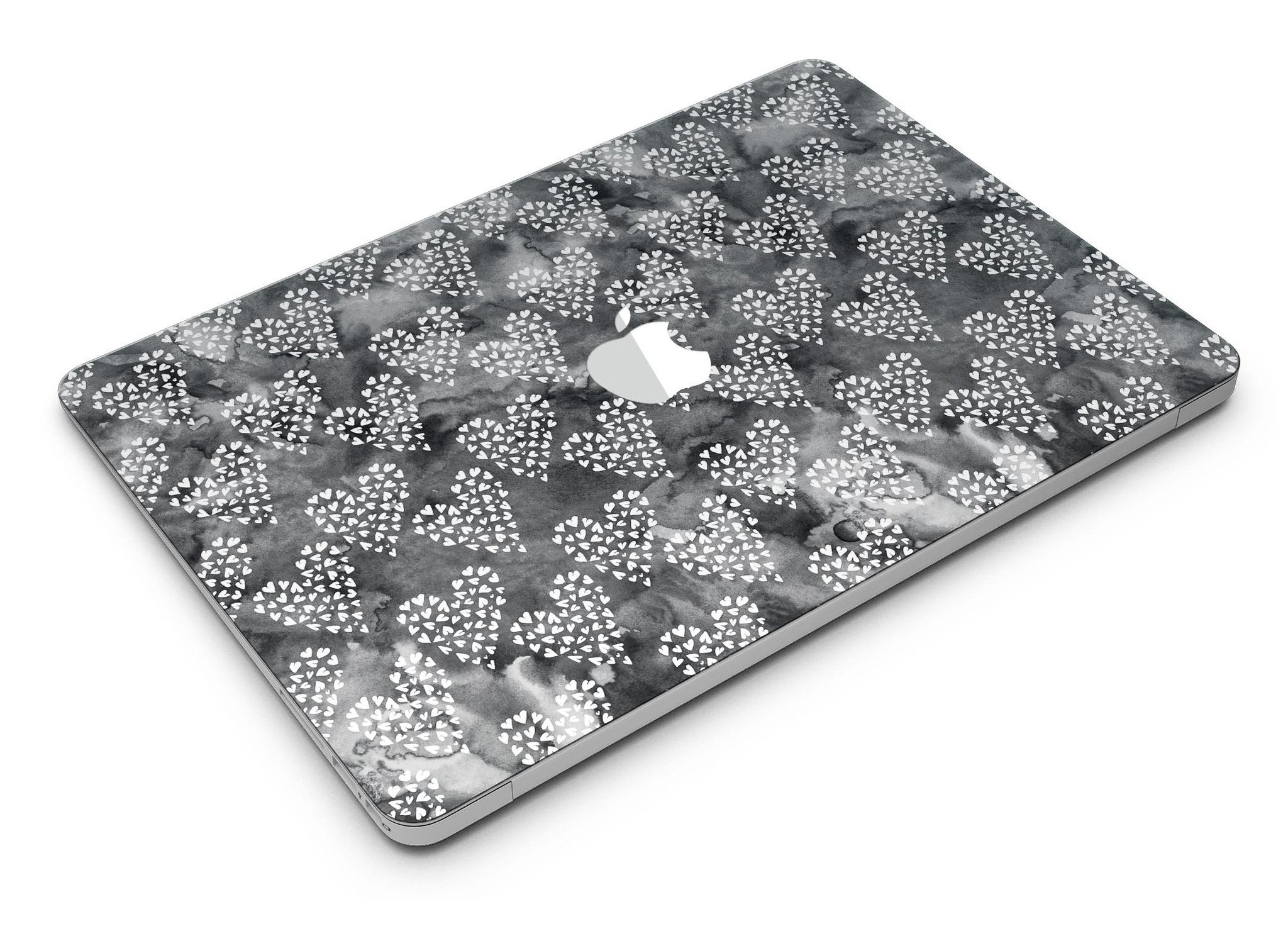 Black and white watercolor hearts design MacBook Air skin kit, showcasing a stylish and protective vinyl cover.