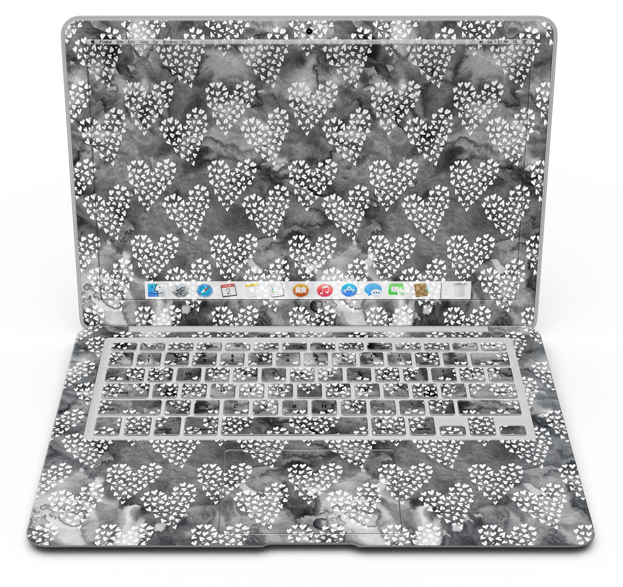 Black and white watercolor hearts design MacBook Air skin kit, showcasing a stylish and protective vinyl cover.