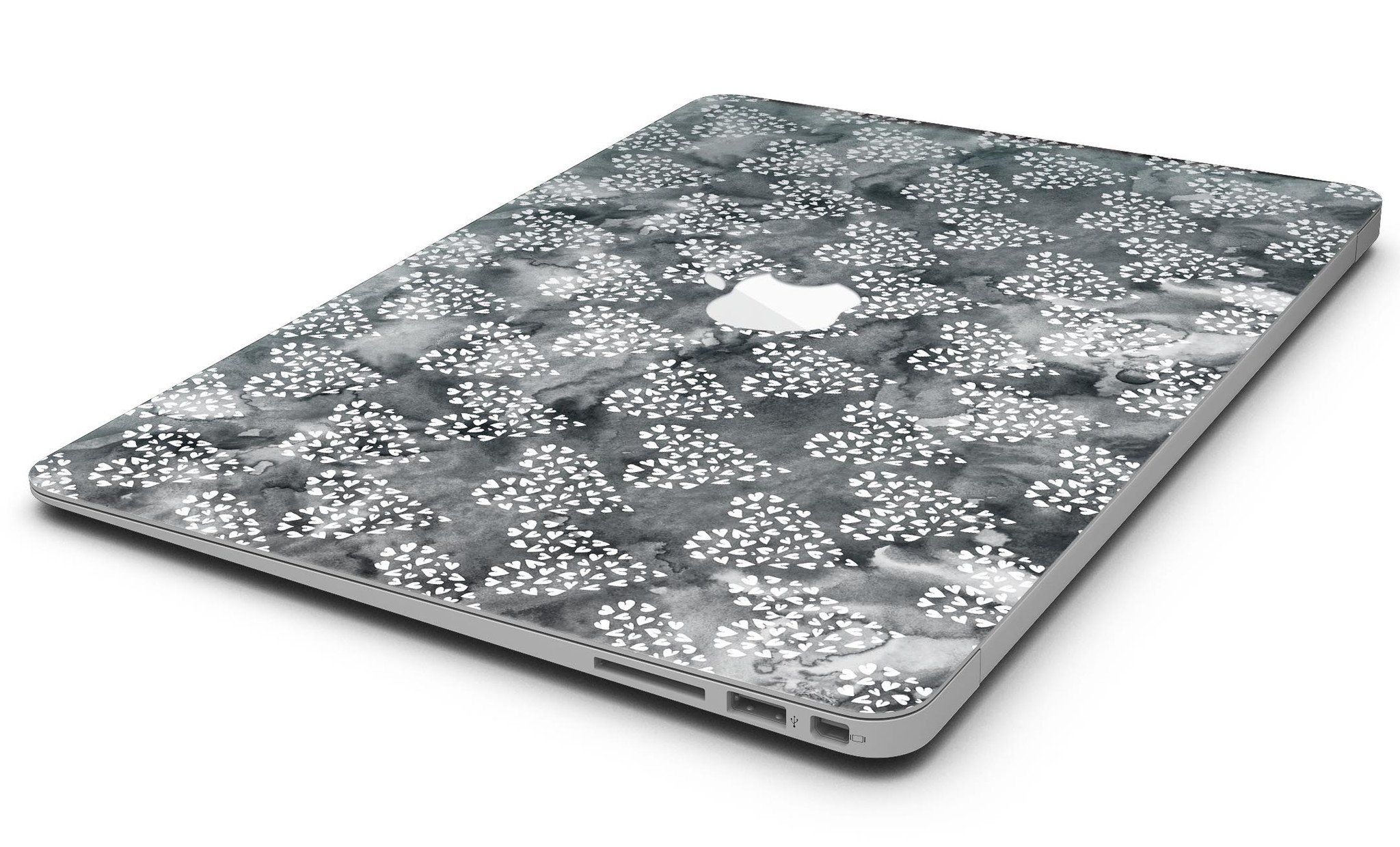 Black and white watercolor hearts design MacBook Air skin kit, showcasing a stylish and protective vinyl cover.