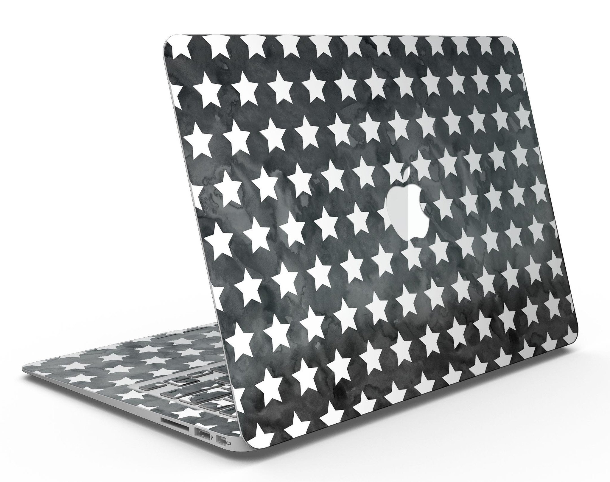 Black and White Watercolor Stars skin kit for MacBook Air, showcasing a stylish design with a premium vinyl finish.