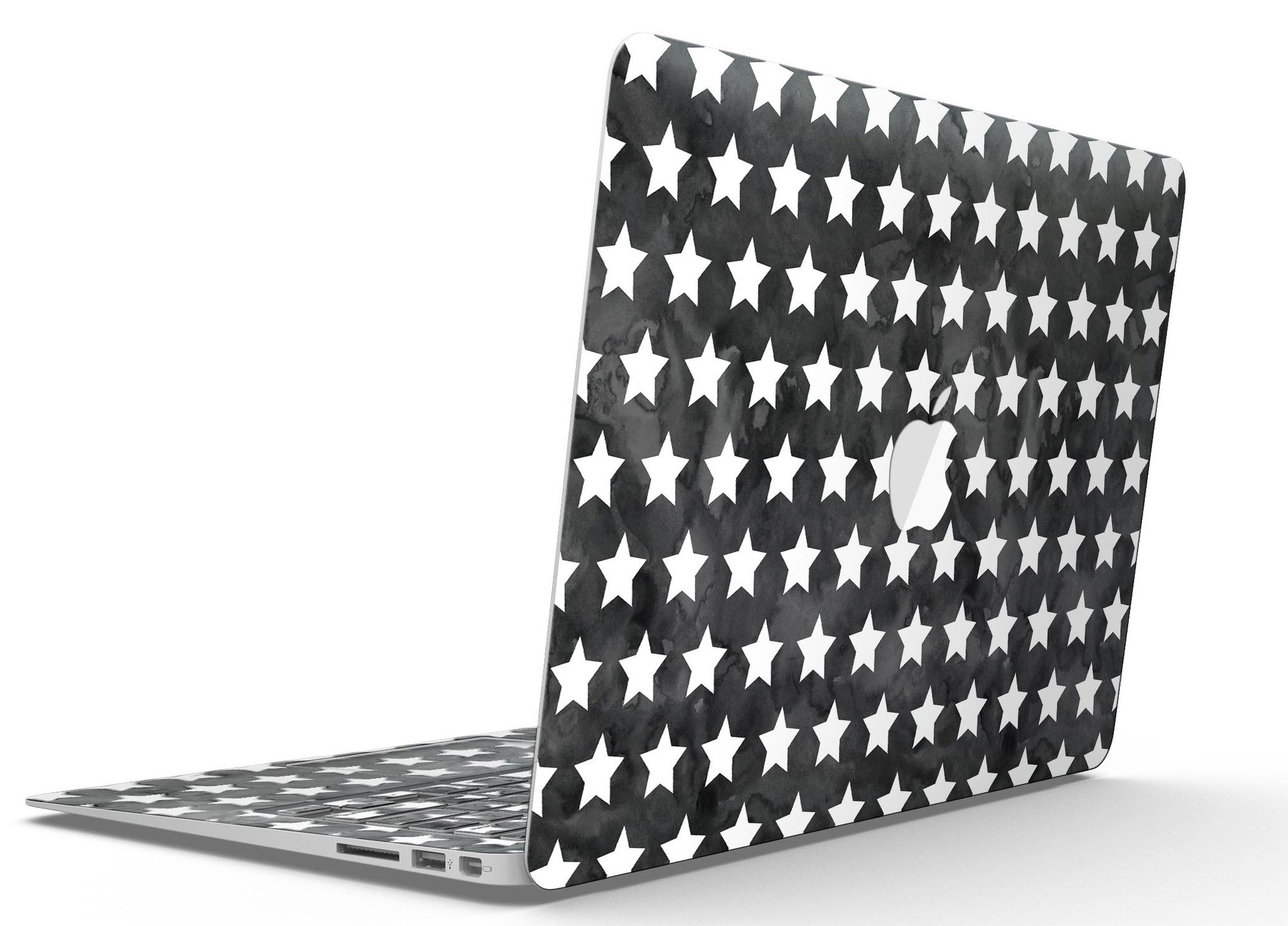 Black and White Watercolor Stars skin kit for MacBook Air, showcasing a stylish design with a premium vinyl finish.