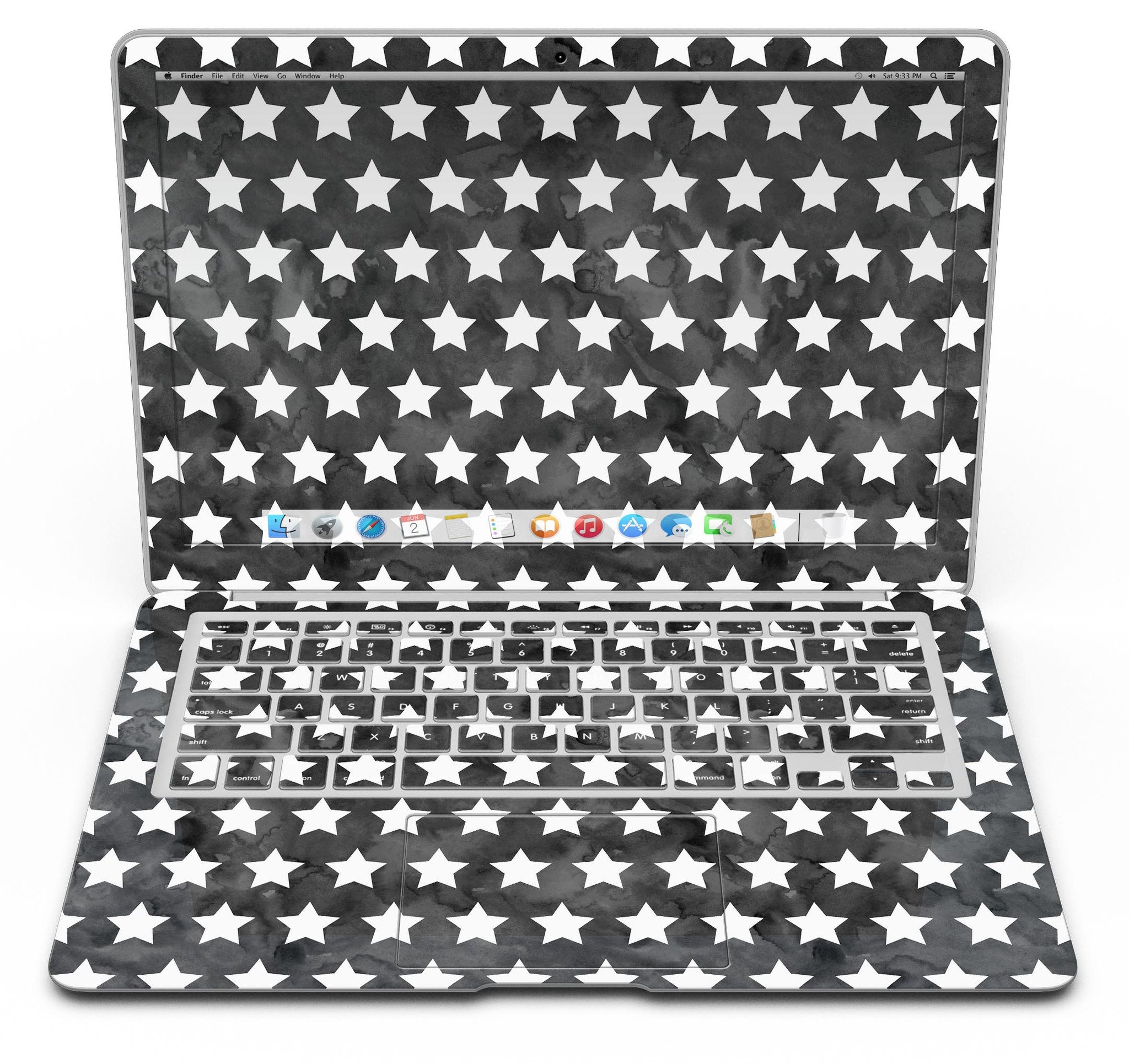 Black and White Watercolor Stars skin kit for MacBook Air, showcasing a stylish design with a premium vinyl finish.