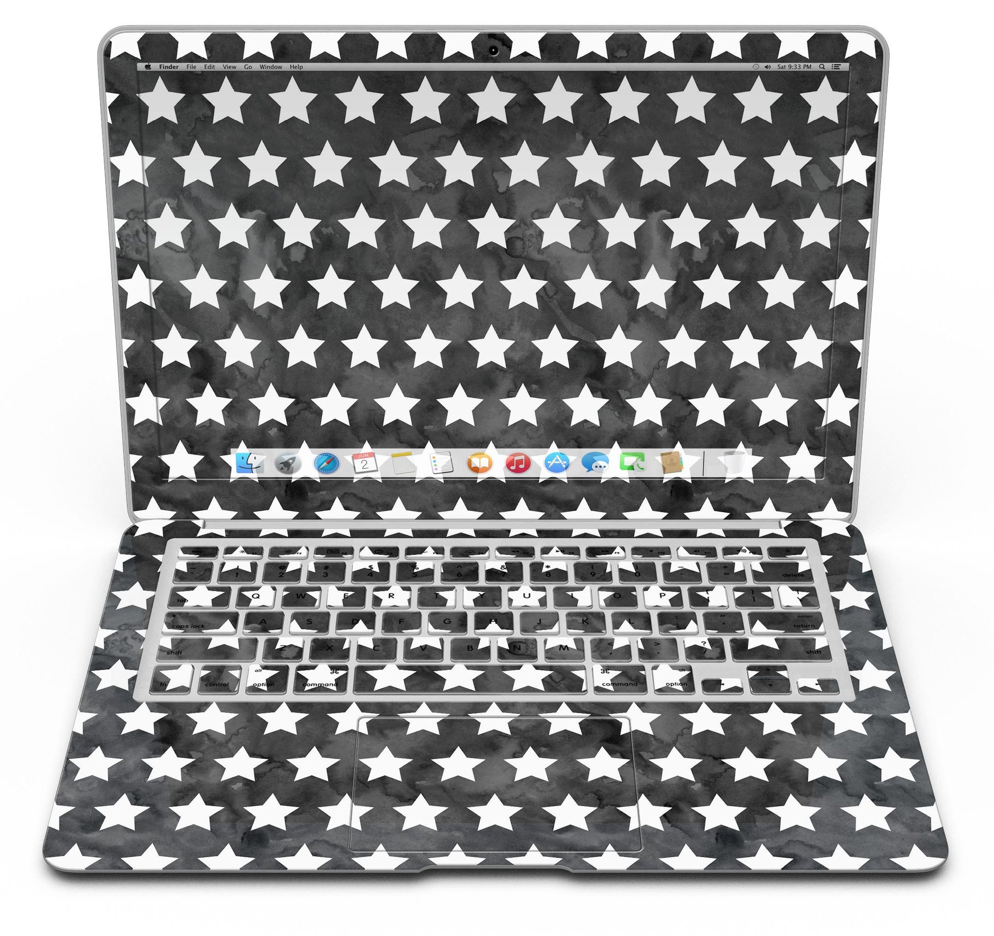 Black and White Watercolor Stars skin kit for MacBook Air, showcasing a stylish design with a premium vinyl finish.