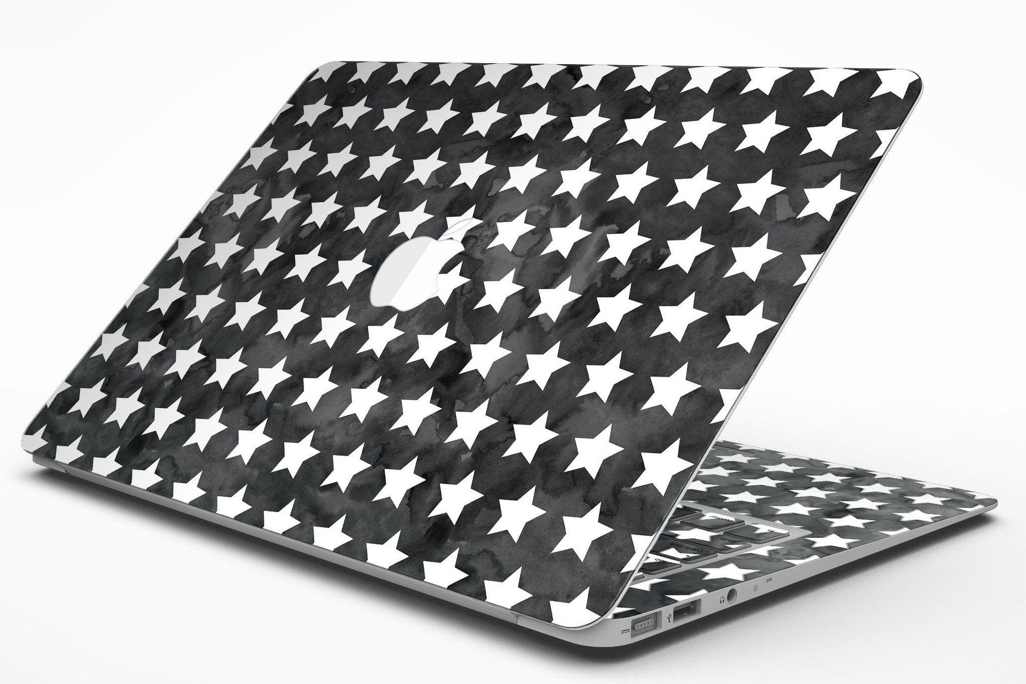 Black and White Watercolor Stars skin kit for MacBook Air, showcasing a stylish design with a premium vinyl finish.