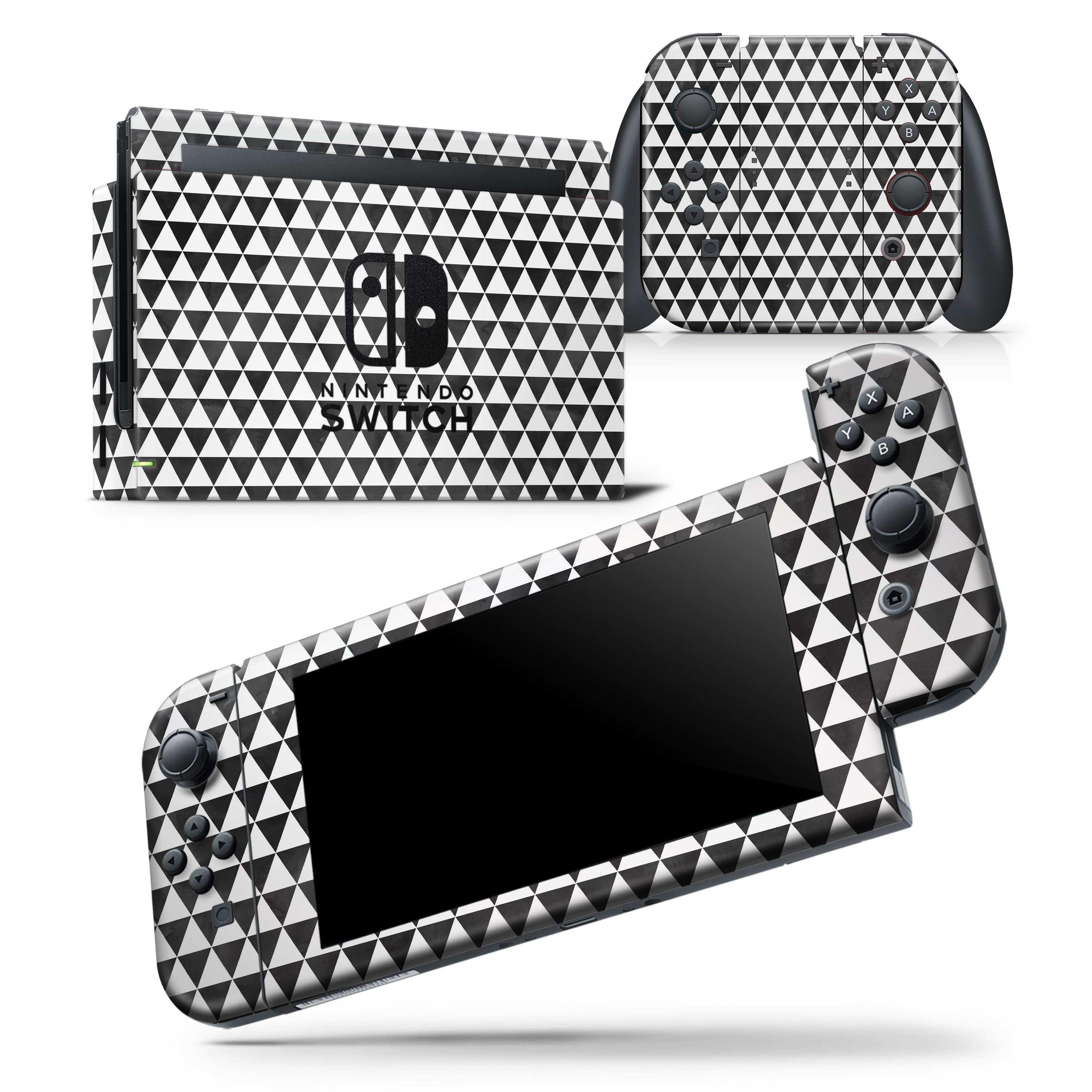 Black and white watercolor triangle pattern skin wrap decal for Nintendo Switch, showcasing a stylish design that fits snugly on the console and controllers.