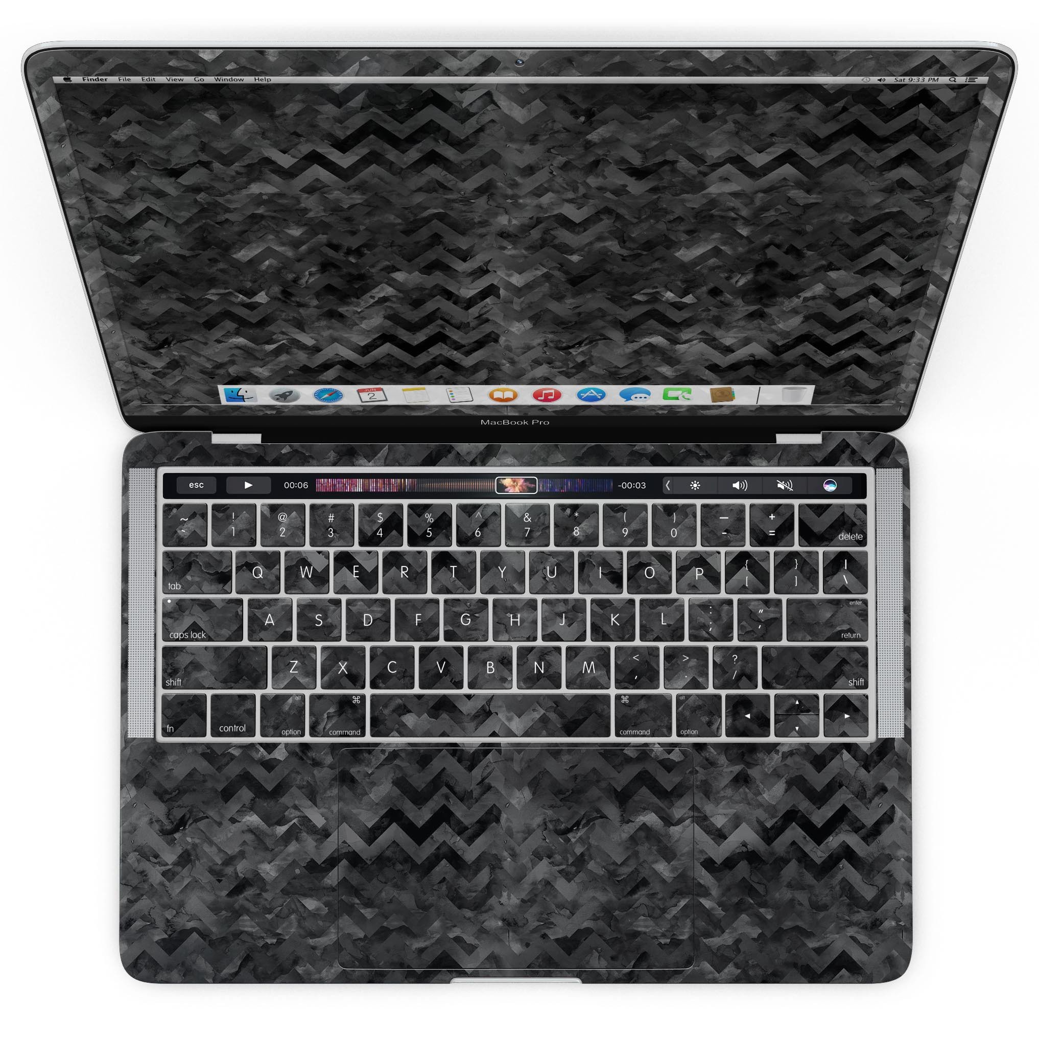 Black Basic Watercolor Chevron Pattern skin for MacBook Pro with Touch Bar, showcasing a stylish design that protects the device.