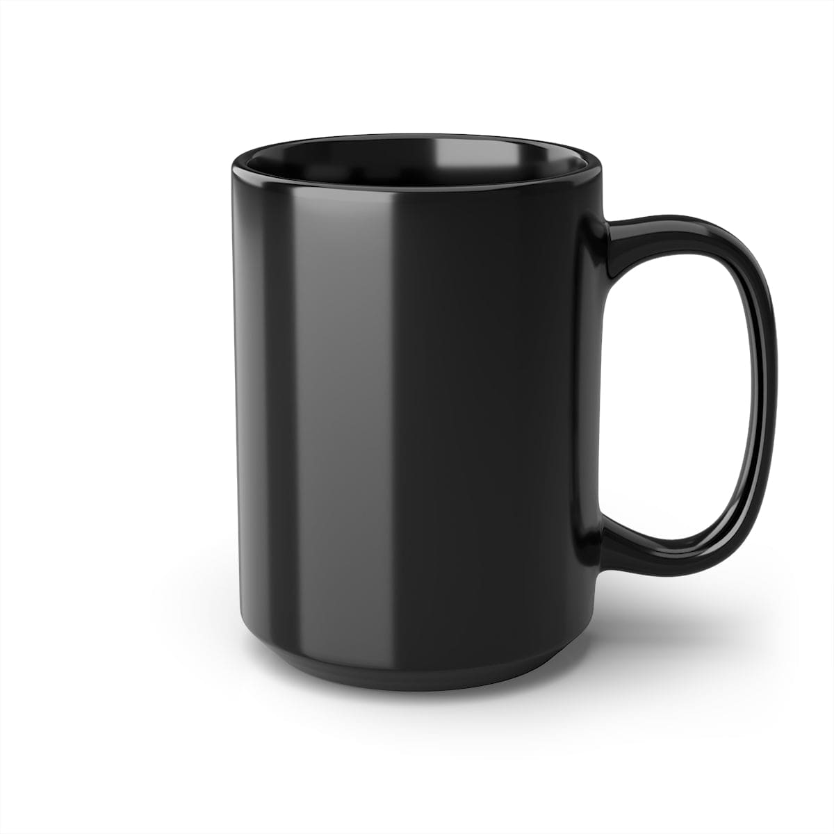 A sleek black ceramic mug with a glossy finish, featuring a C-shaped handle, perfect for coffee or tea.