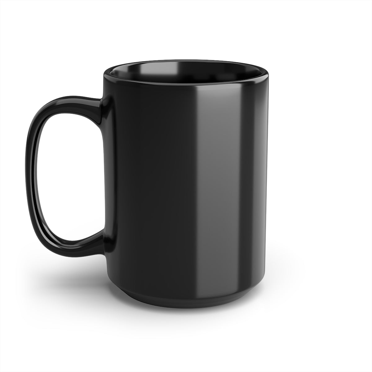 A sleek black ceramic mug with a glossy finish, featuring a C-shaped handle, perfect for coffee or tea.