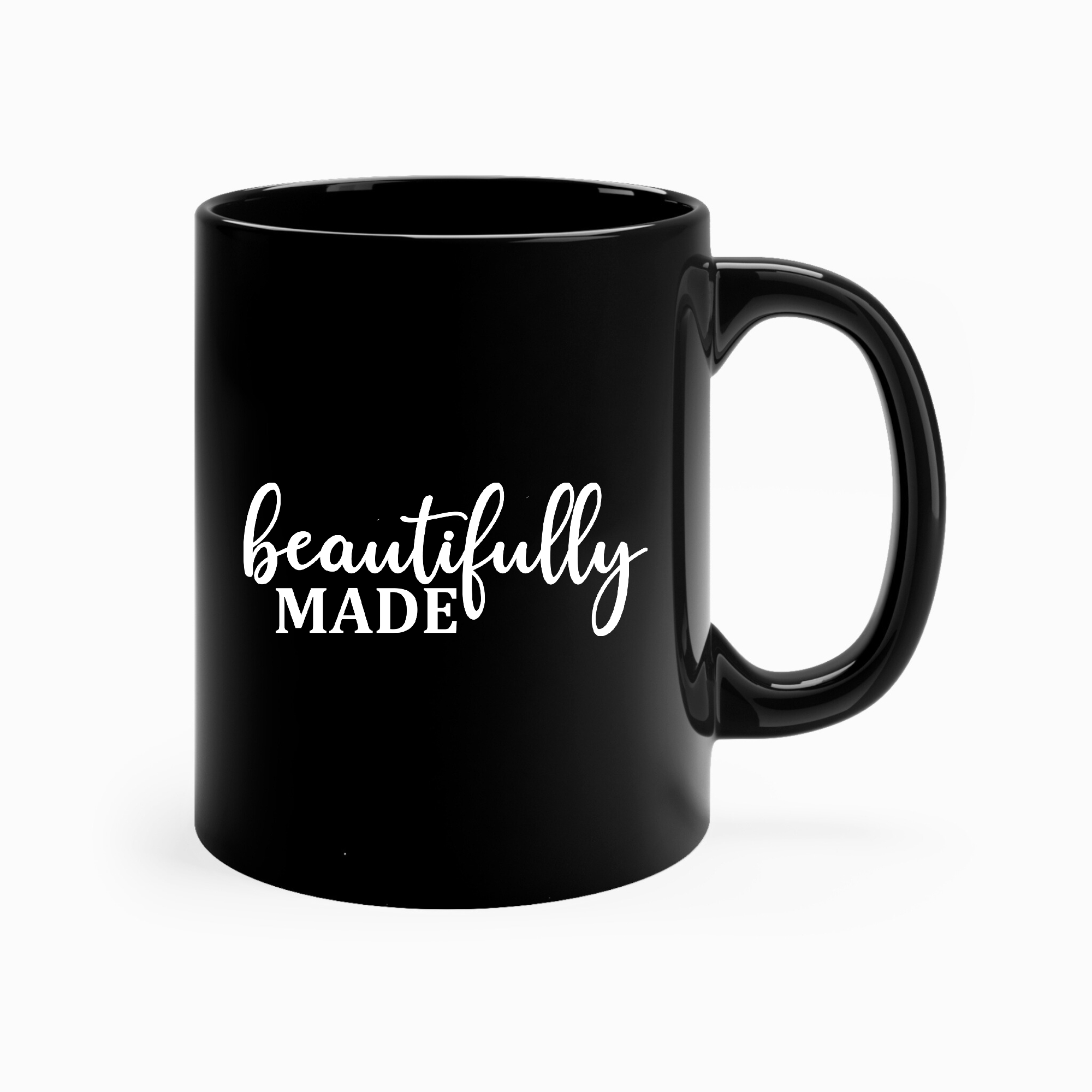 A stylish black ceramic mug with inspirational affirmations, perfect for coffee, tea, or hot cocoa, featuring a comfortable C-handle.