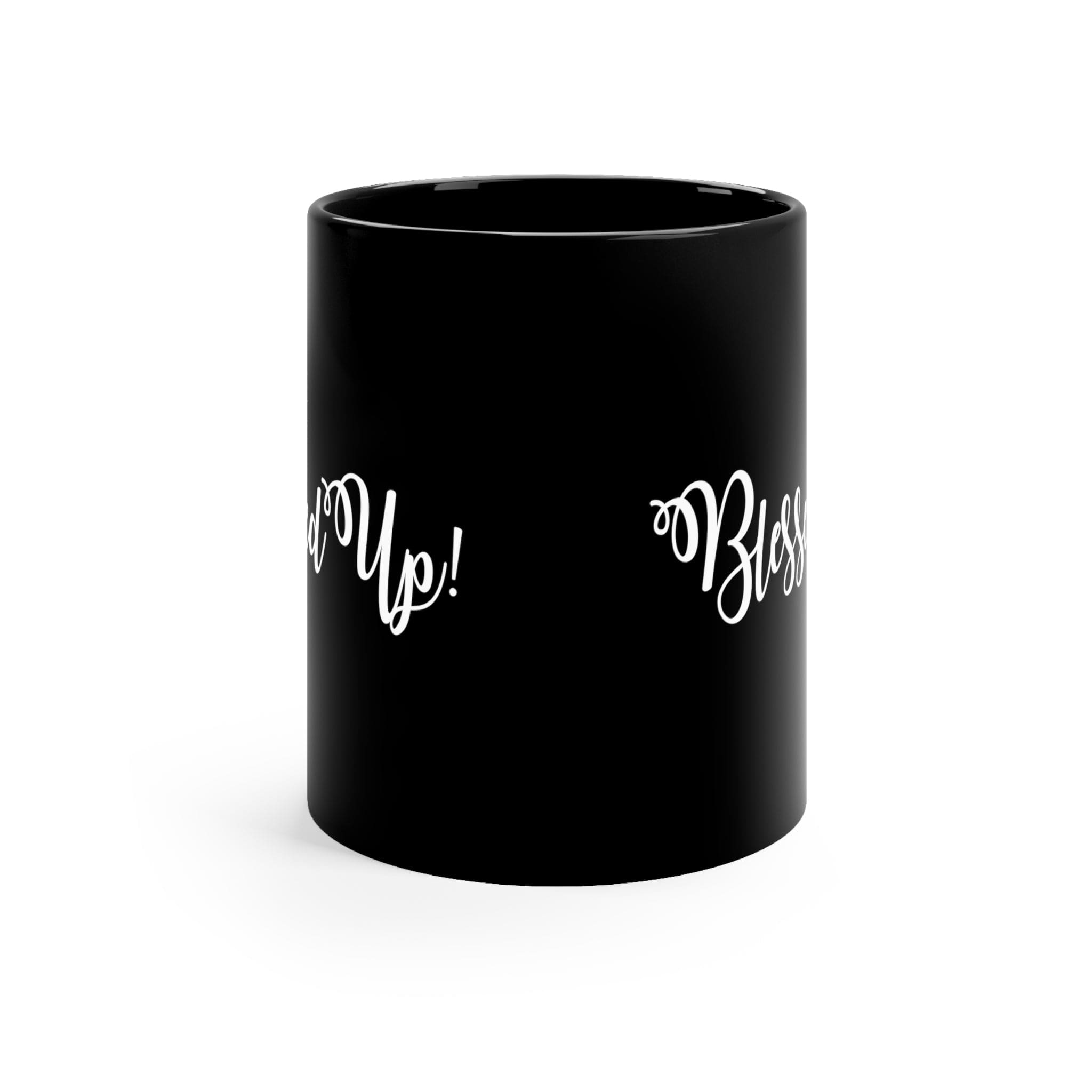 A sleek black ceramic mug with a glossy finish, featuring a C-shaped handle, perfect for coffee or tea.