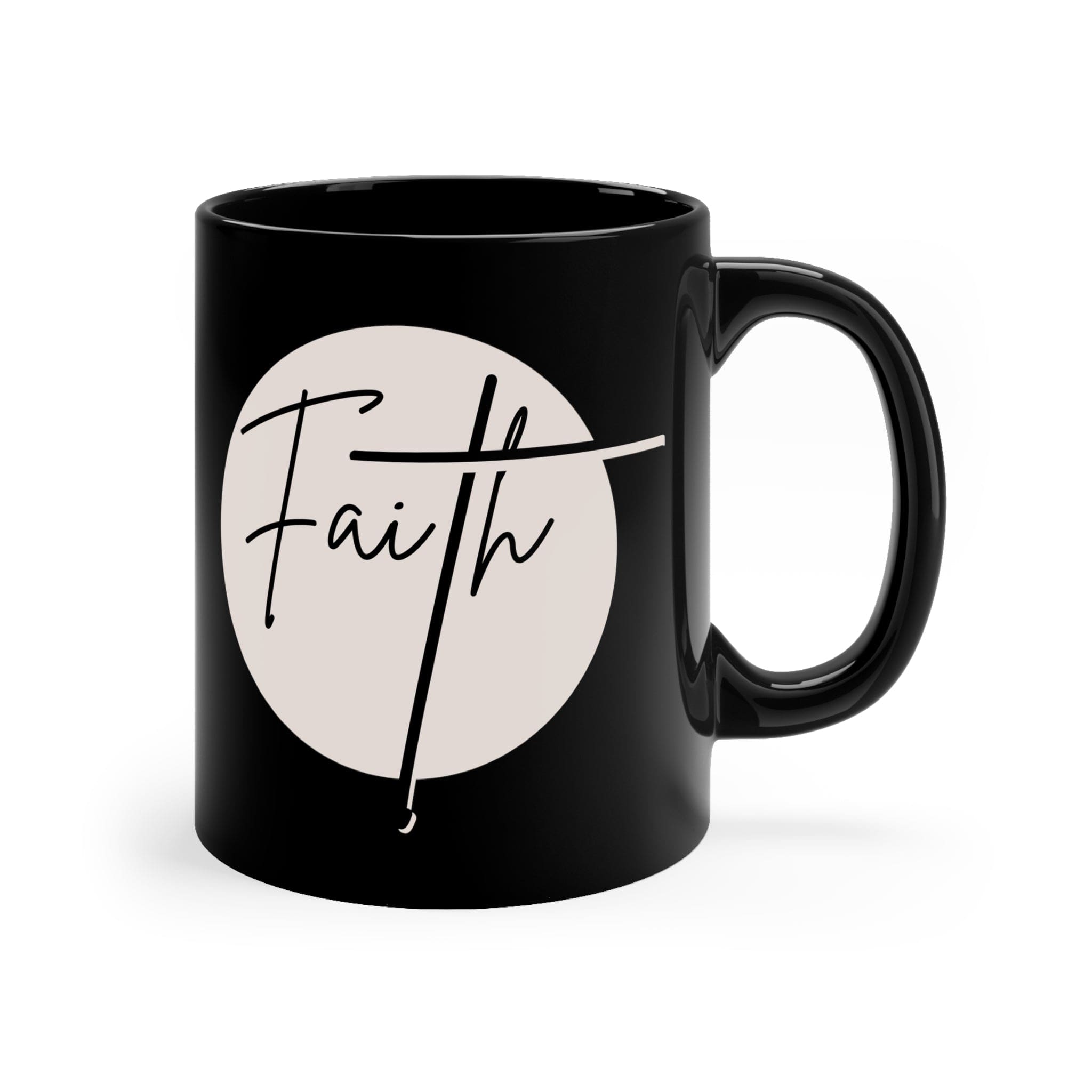 A sleek black ceramic mug with a glossy finish, featuring a Christian affirmation design, perfect for coffee or tea.