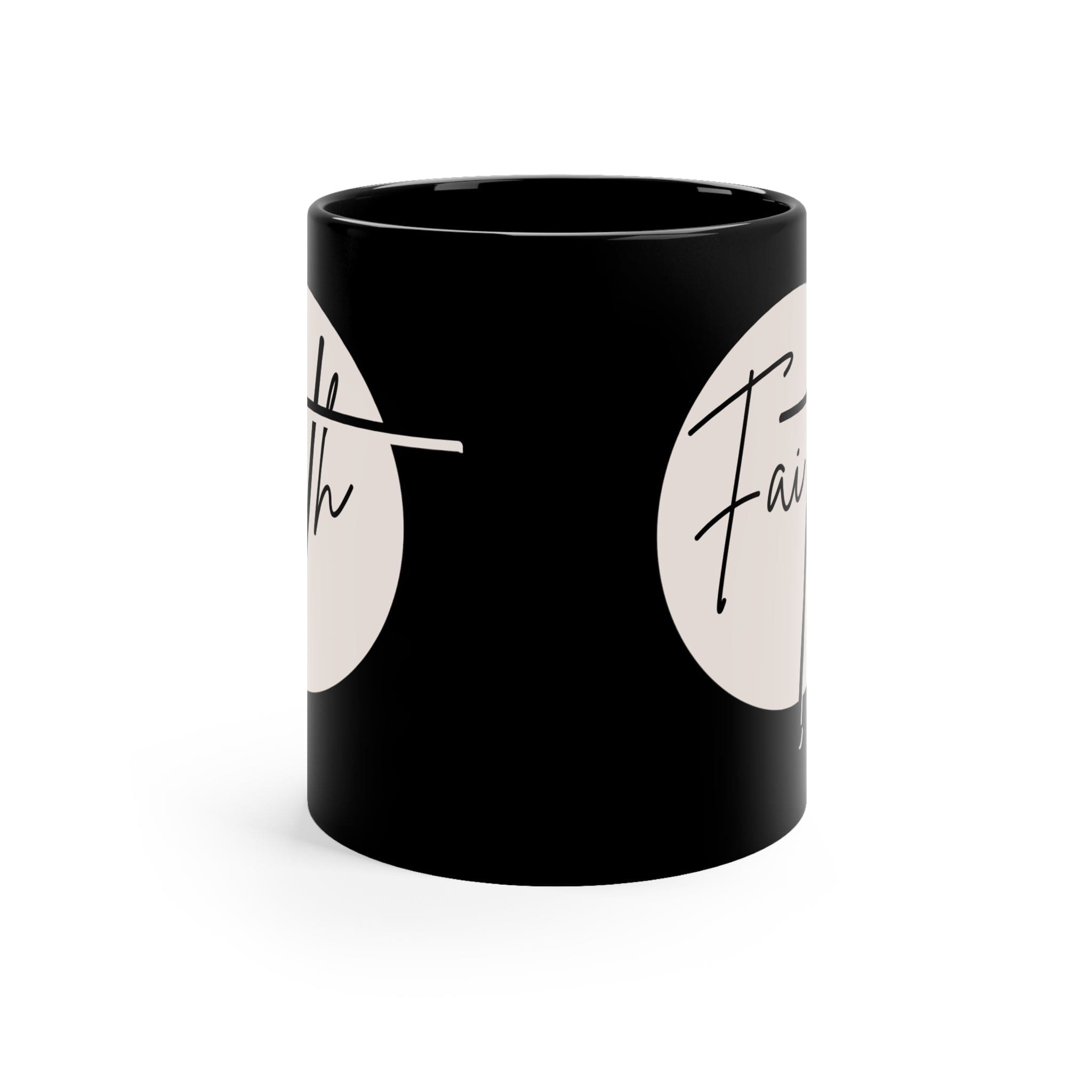 A sleek black ceramic mug with a glossy finish, featuring a Christian affirmation design, perfect for coffee or tea.