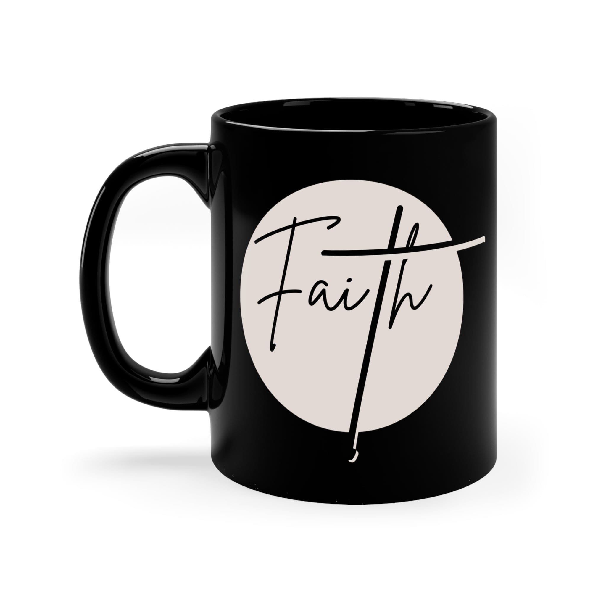 A sleek black ceramic mug with a glossy finish, featuring a Christian affirmation design, perfect for coffee or tea.