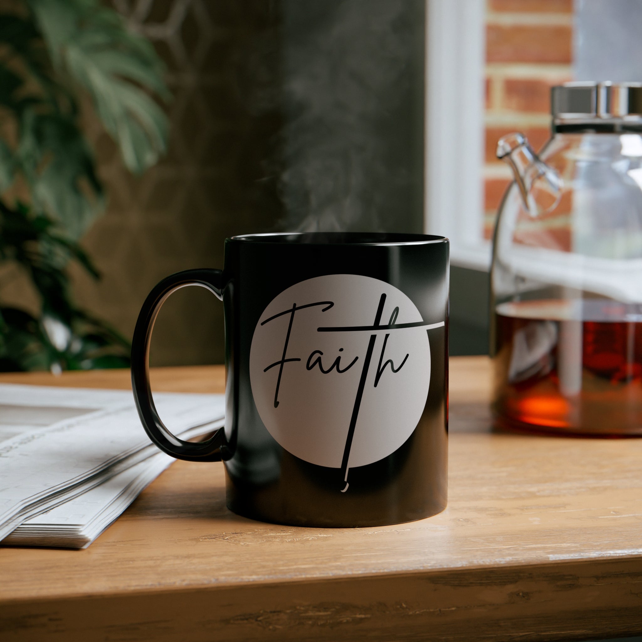 A sleek black ceramic mug with a glossy finish, featuring a Christian affirmation design, perfect for coffee or tea.