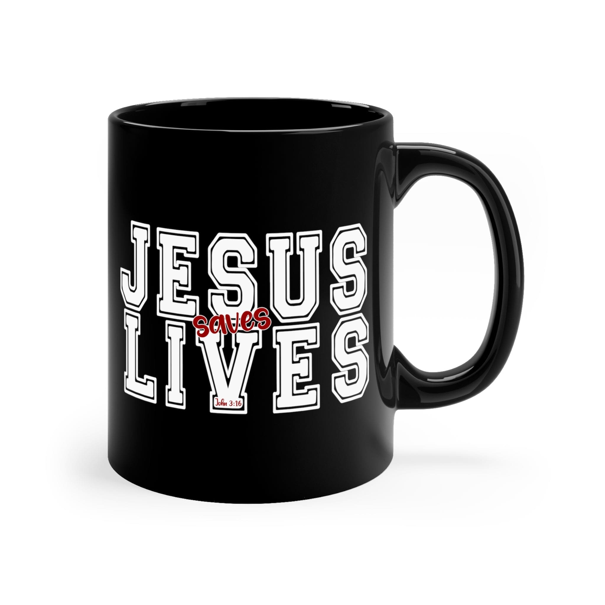 Black ceramic mug with a Jesus Saves Lives illustration in white and red, showcasing a modern design and comfortable handle.