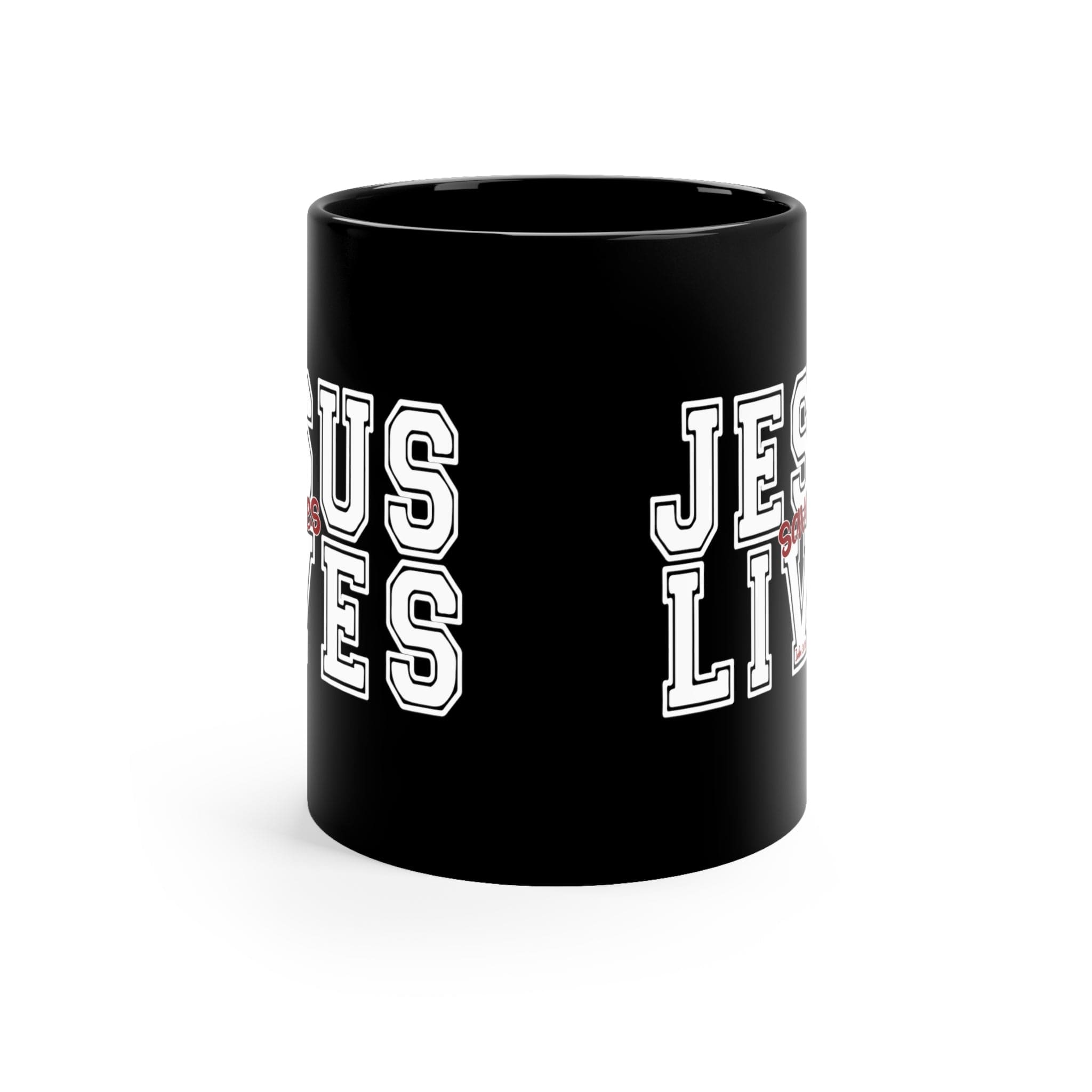 Black ceramic mug with a Jesus Saves Lives illustration in white and red, showcasing a modern design and comfortable handle.