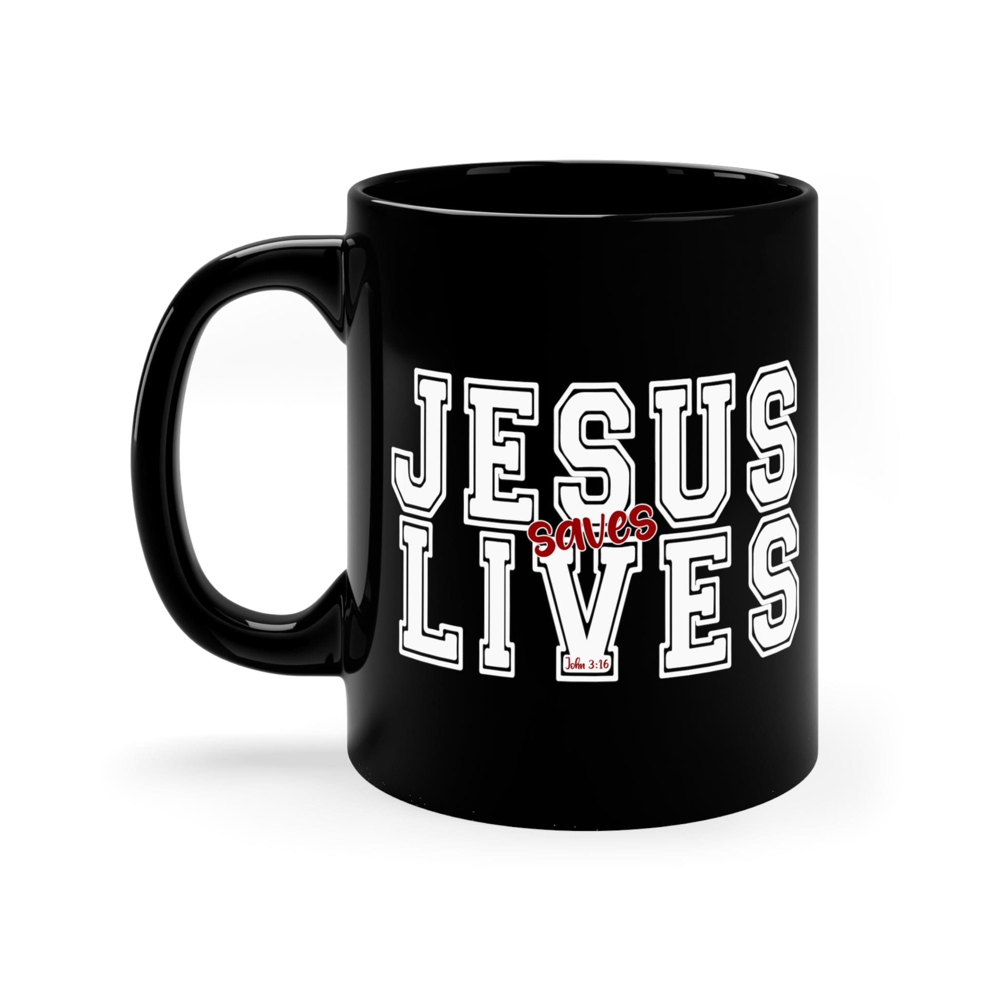 Black ceramic mug with a Jesus Saves Lives illustration in white and red, showcasing a modern design and comfortable handle.