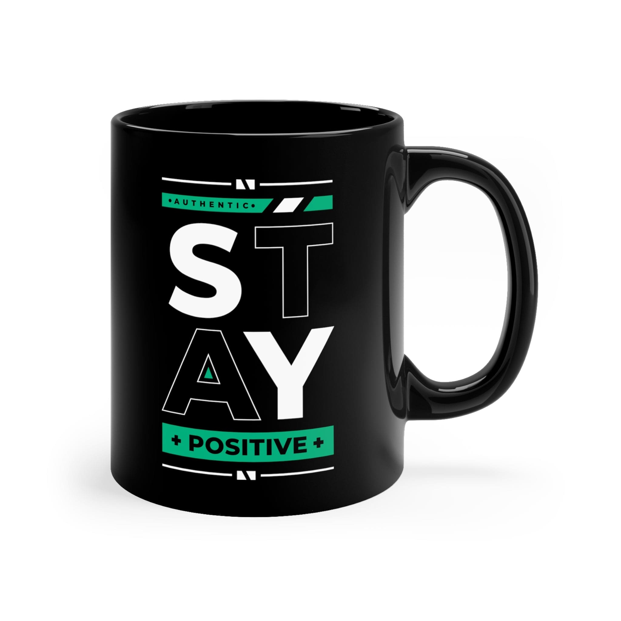 A sleek black ceramic mug with a glossy finish, perfect for coffee or tea, featuring a C-shaped handle.