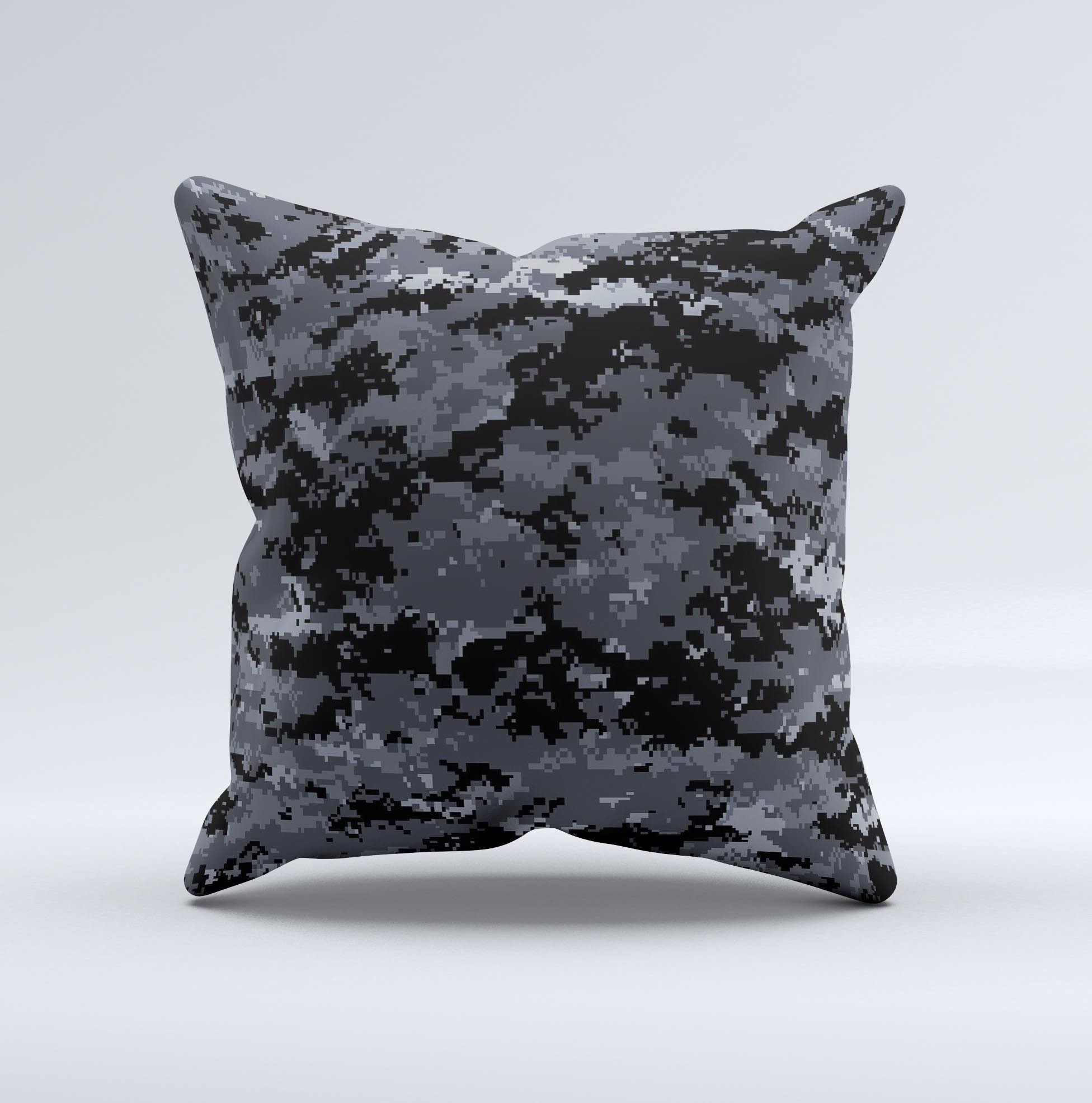 Black Digital Camouflage Ink-Fuzed Decorative Throw Pillow with high thread count fabric and unique design, handcrafted in Virginia.