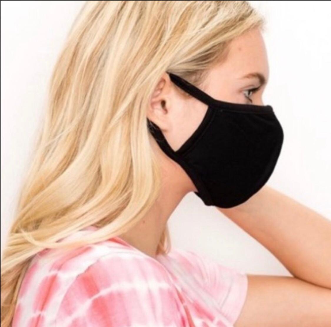 Stylish black fashion mask with three layers, designed for comfort and protection, featuring adjustable ear loops.