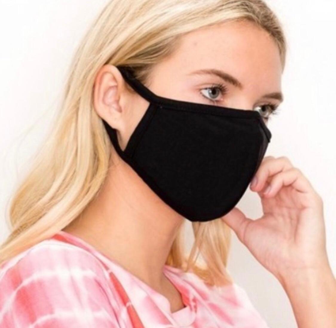 Stylish black fashion mask with three layers, designed for comfort and protection, featuring adjustable ear loops.