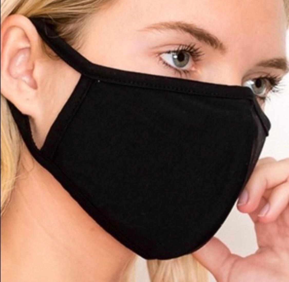 Stylish black fashion mask with three layers, designed for comfort and protection, featuring adjustable ear loops.