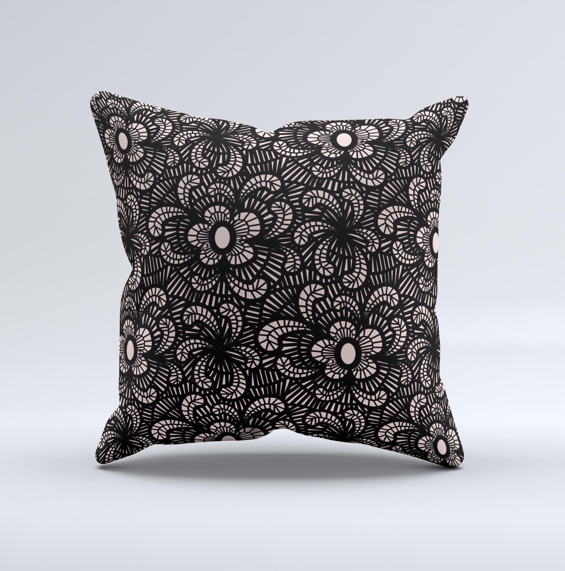 Black Floral Lace Ink-Fuzed Decorative Throw Pillow with intricate floral design, handcrafted in Virginia, showcasing unique imperfections.