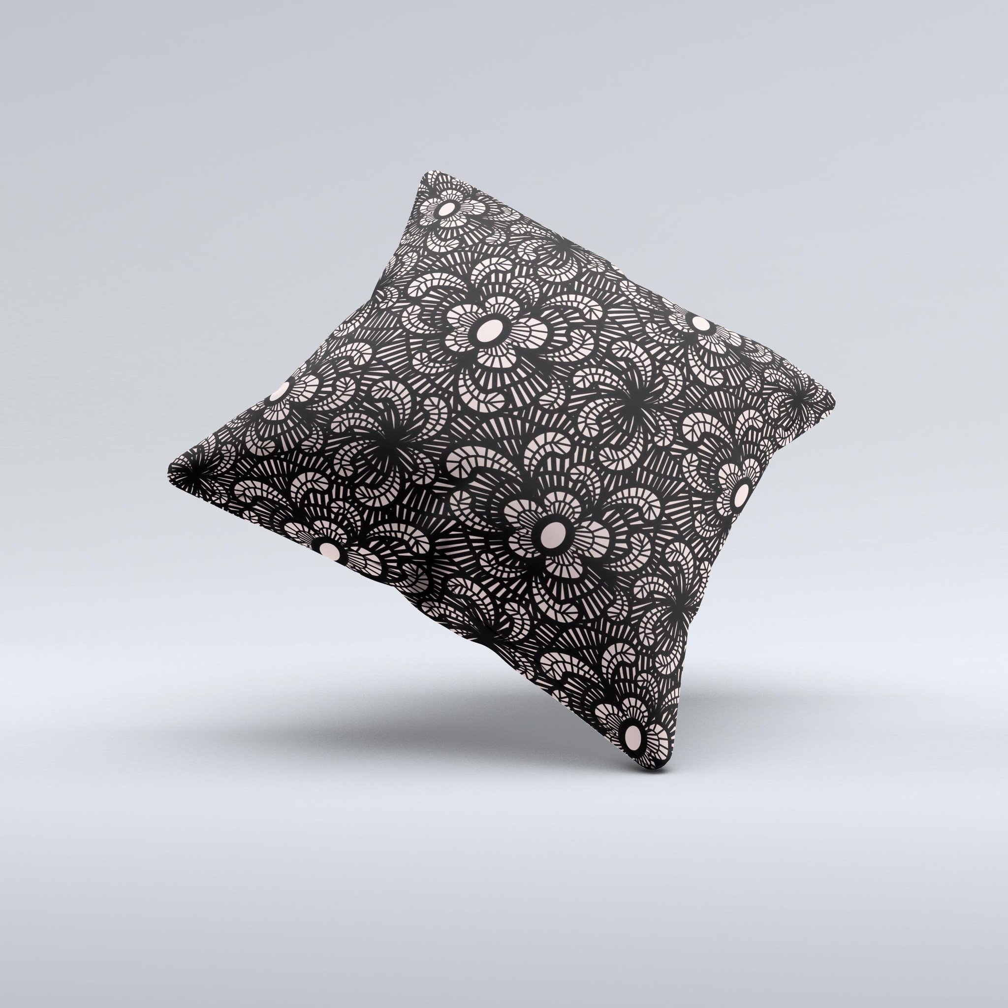 Black Floral Lace Ink-Fuzed Decorative Throw Pillow with intricate floral design, handcrafted in Virginia, showcasing unique imperfections.