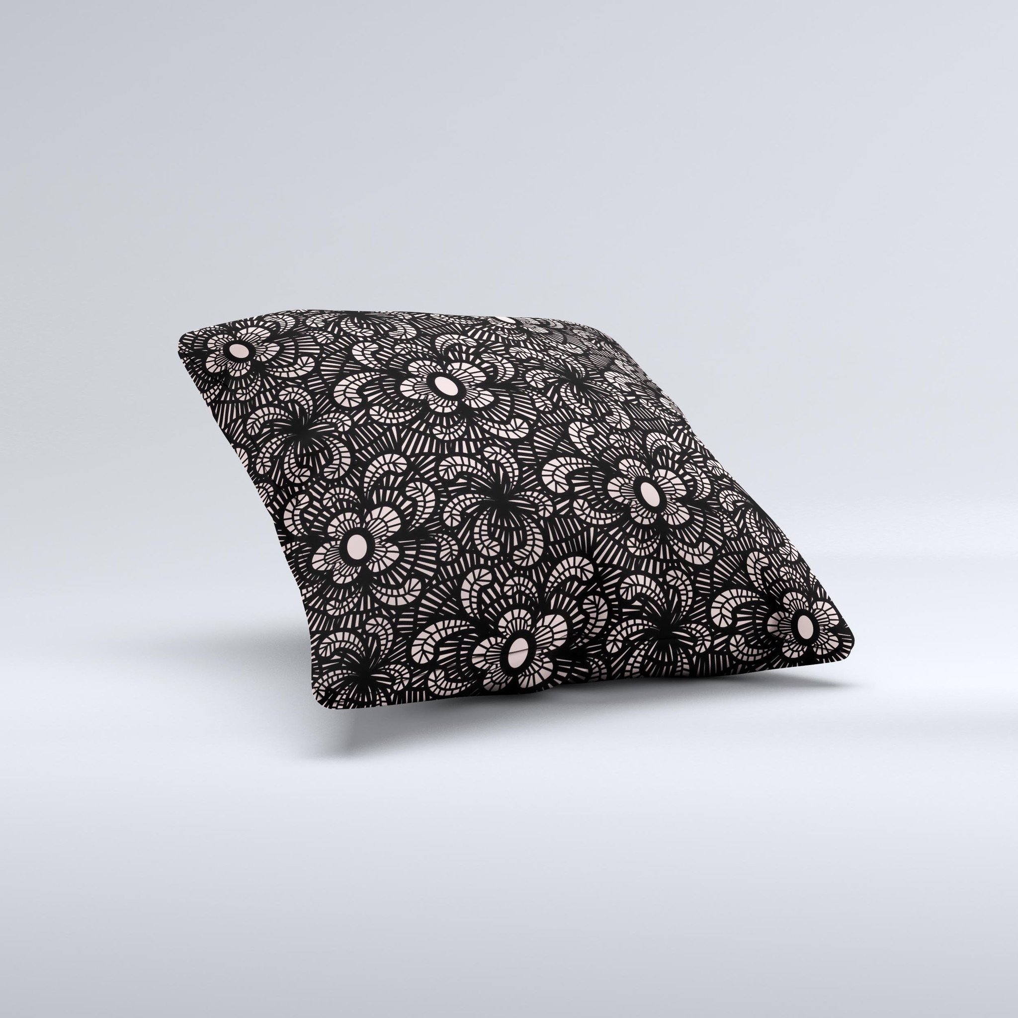 Black Floral Lace Ink-Fuzed Decorative Throw Pillow with intricate floral design, handcrafted in Virginia, showcasing unique imperfections.