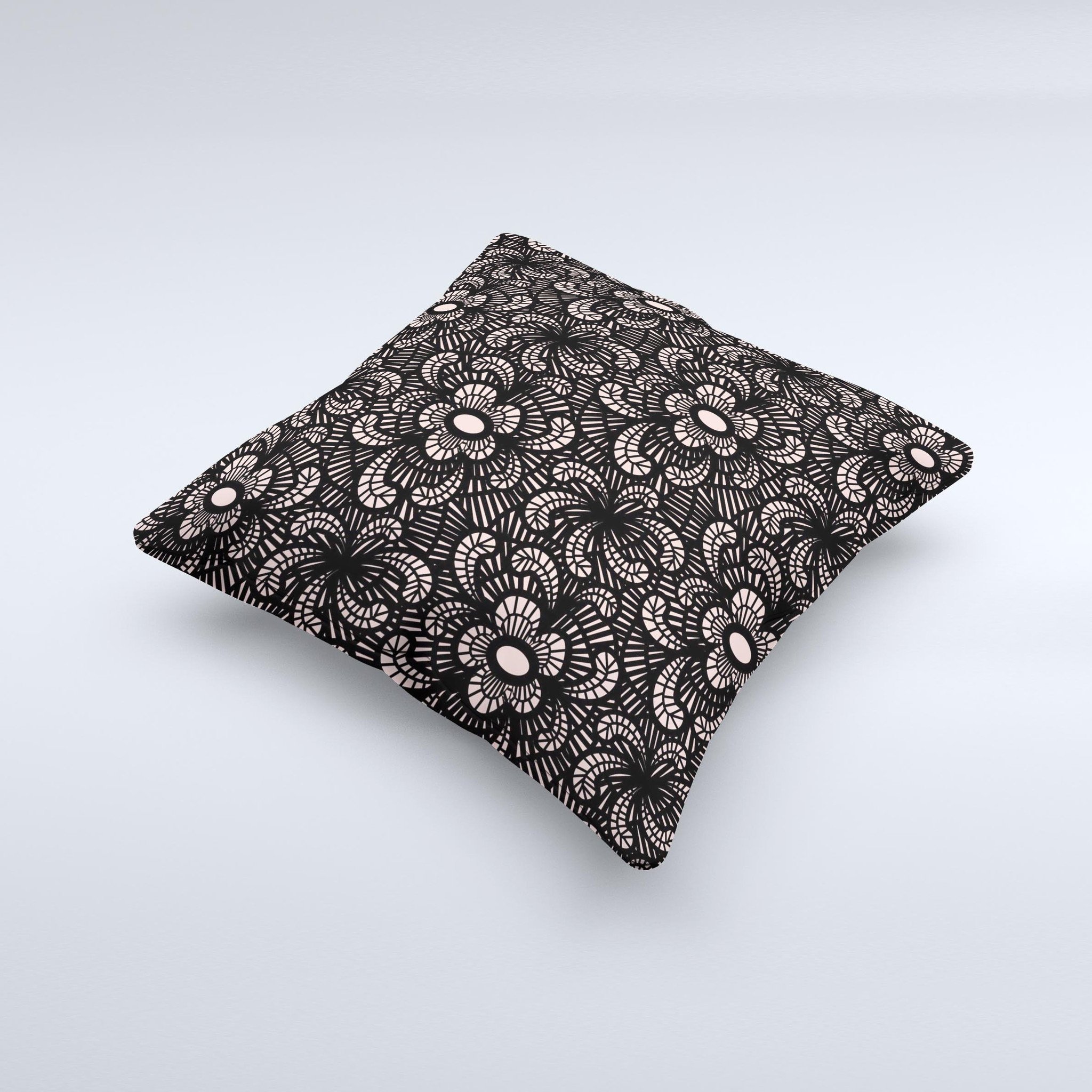 Black Floral Lace Ink-Fuzed Decorative Throw Pillow with intricate floral design, handcrafted in Virginia, showcasing unique imperfections.