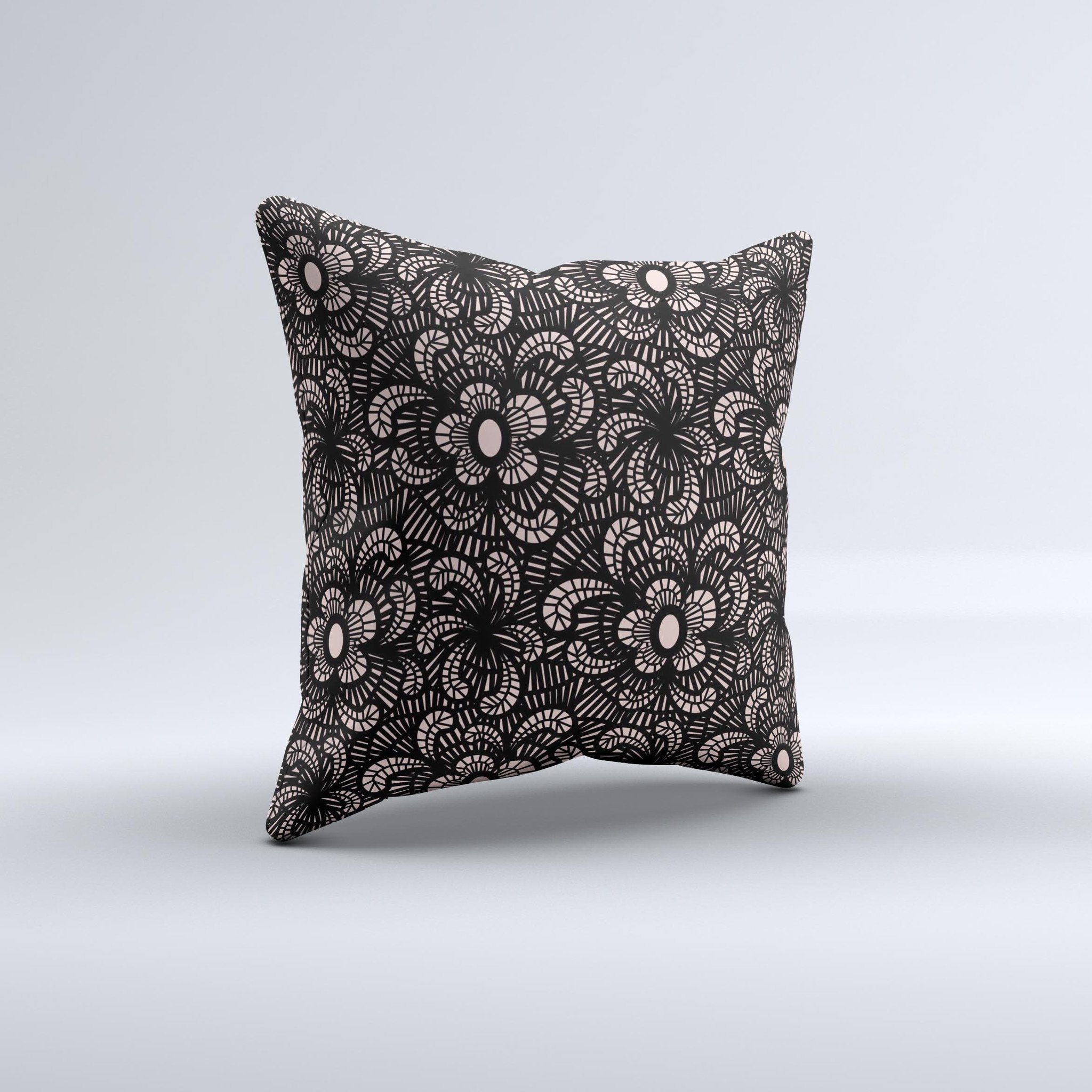 Black Floral Lace Ink-Fuzed Decorative Throw Pillow with intricate floral design, handcrafted in Virginia, showcasing unique imperfections.