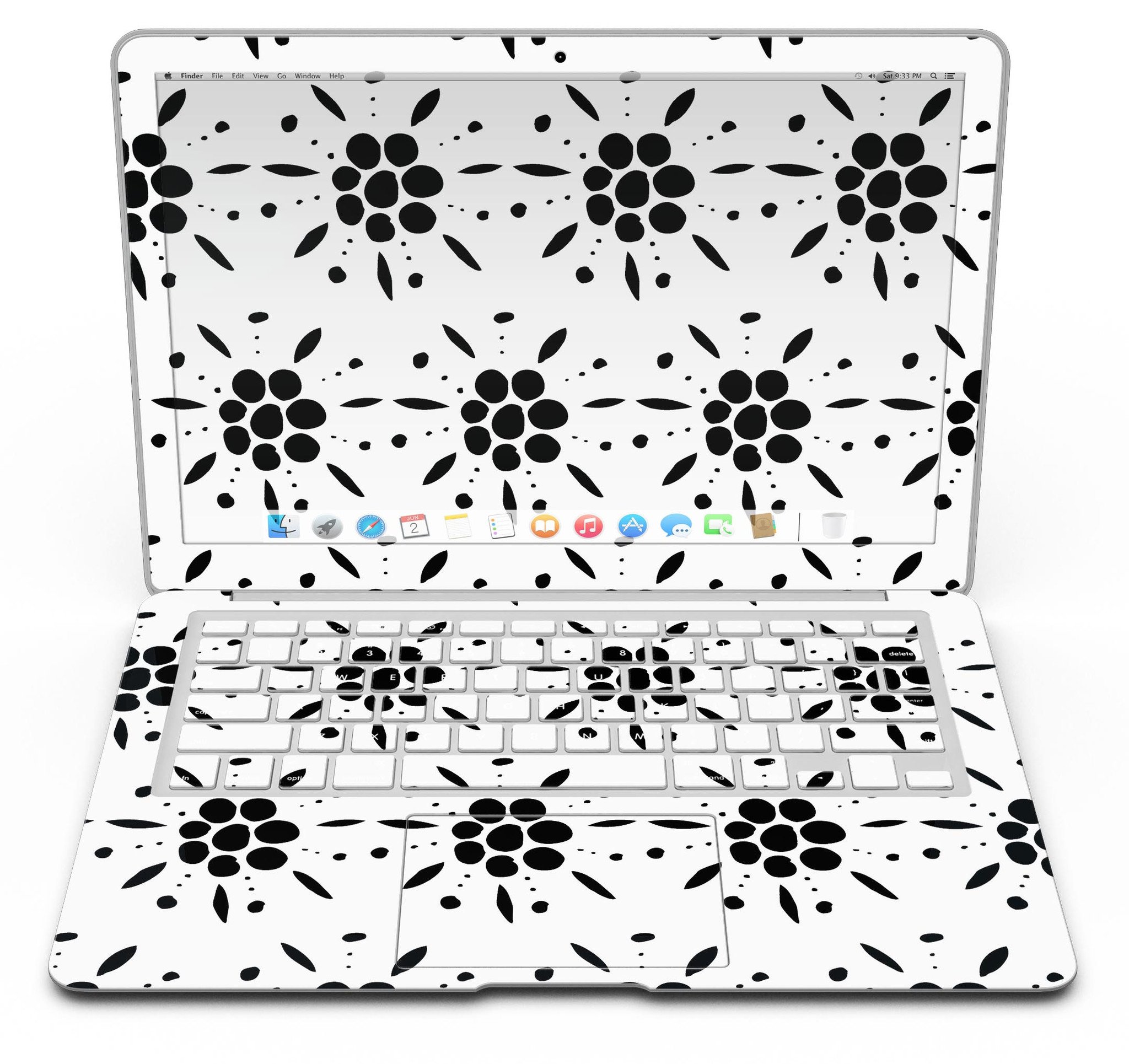 Black Floral Pedals MacBook Air skin kit showcasing a stylish design with clear cacking for protection.