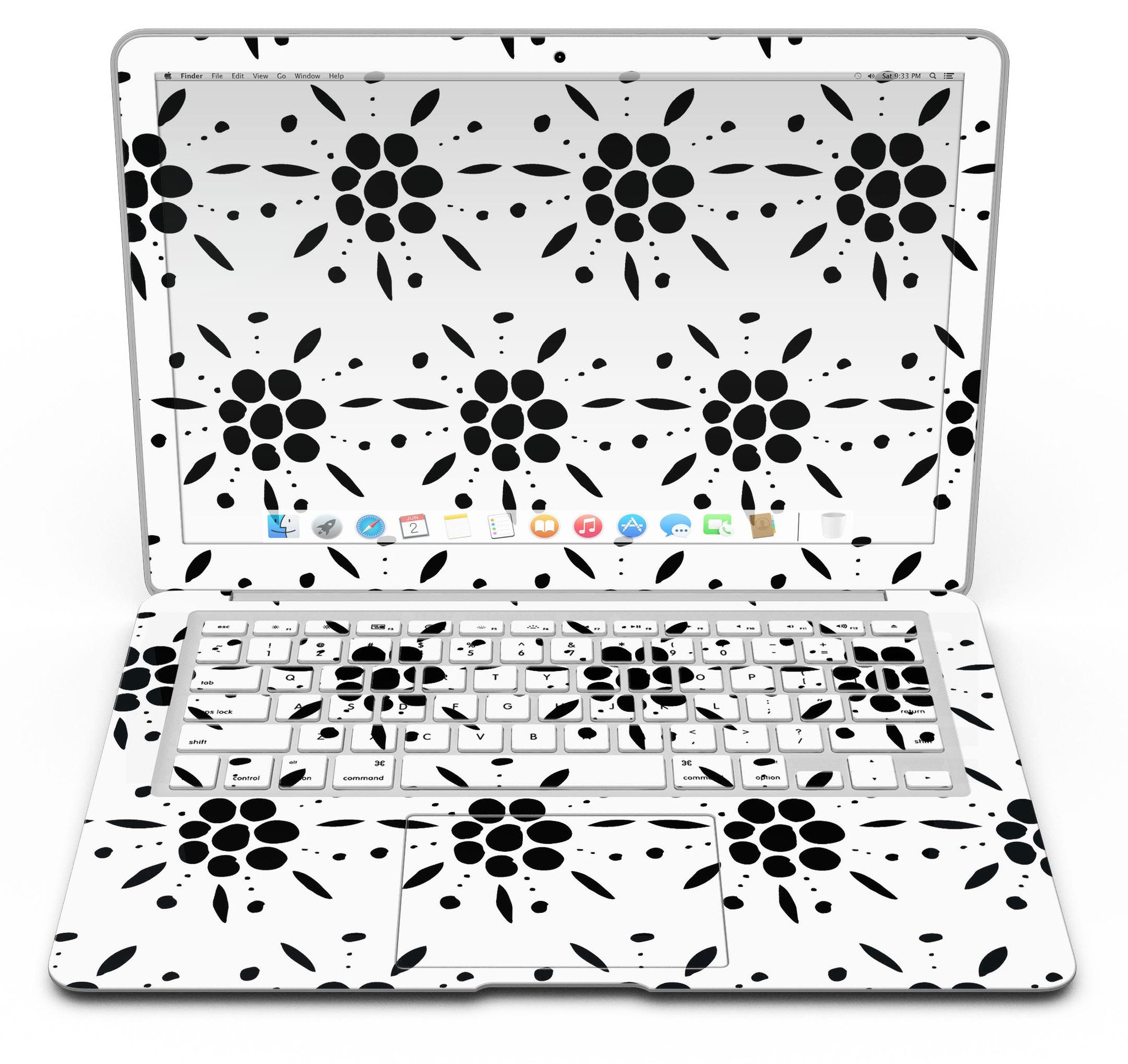 Black Floral Pedals MacBook Air skin kit showcasing a stylish design with clear cacking for protection.