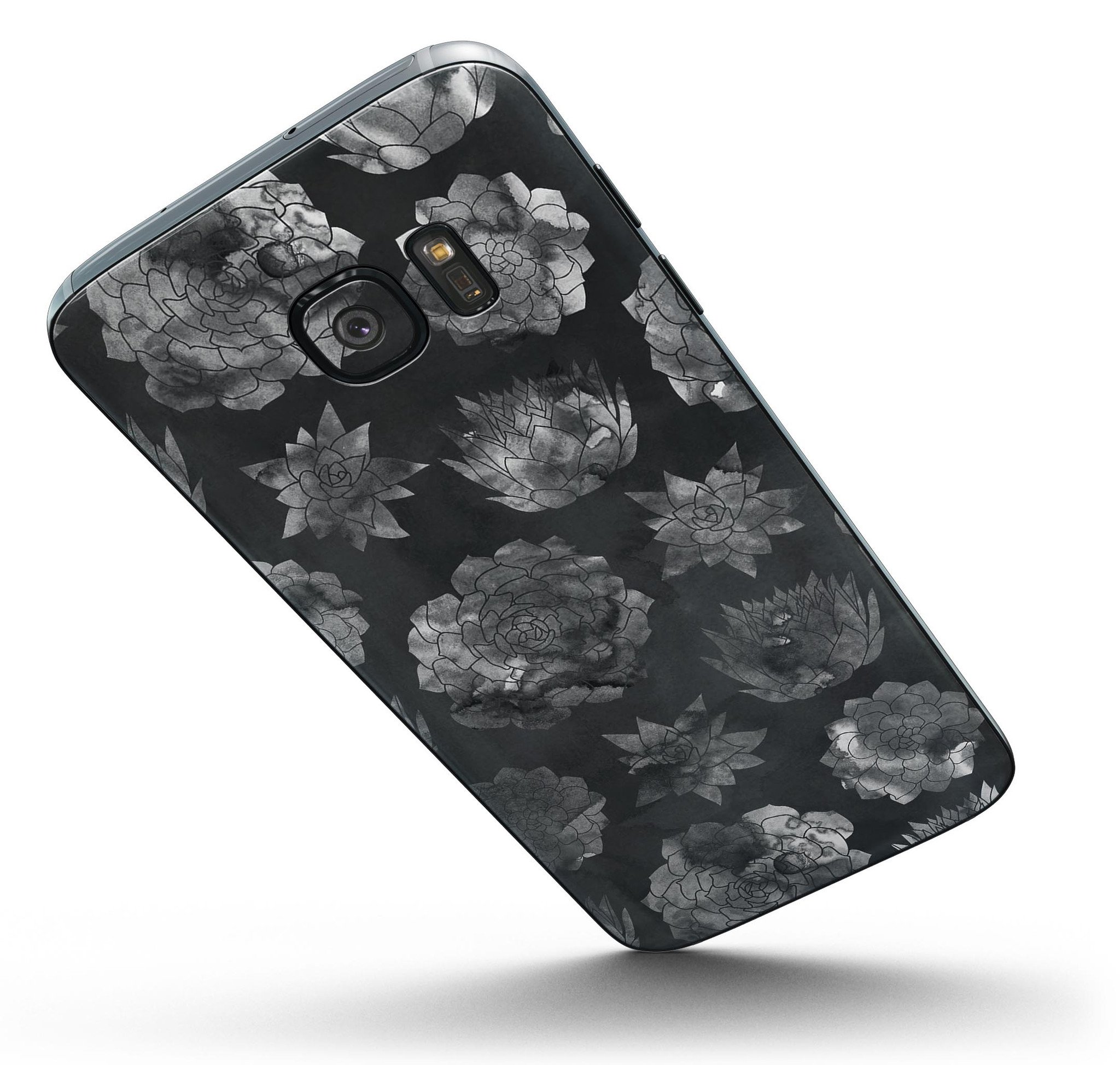 Black Floral Succulents skin kit for Samsung Galaxy S7, showcasing vibrant floral design on premium vinyl material.