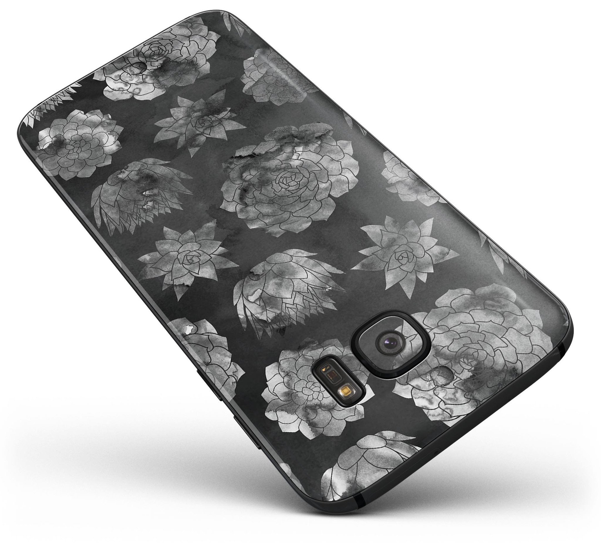 Black Floral Succulents skin kit for Samsung Galaxy S7, showcasing vibrant floral design on premium vinyl material.