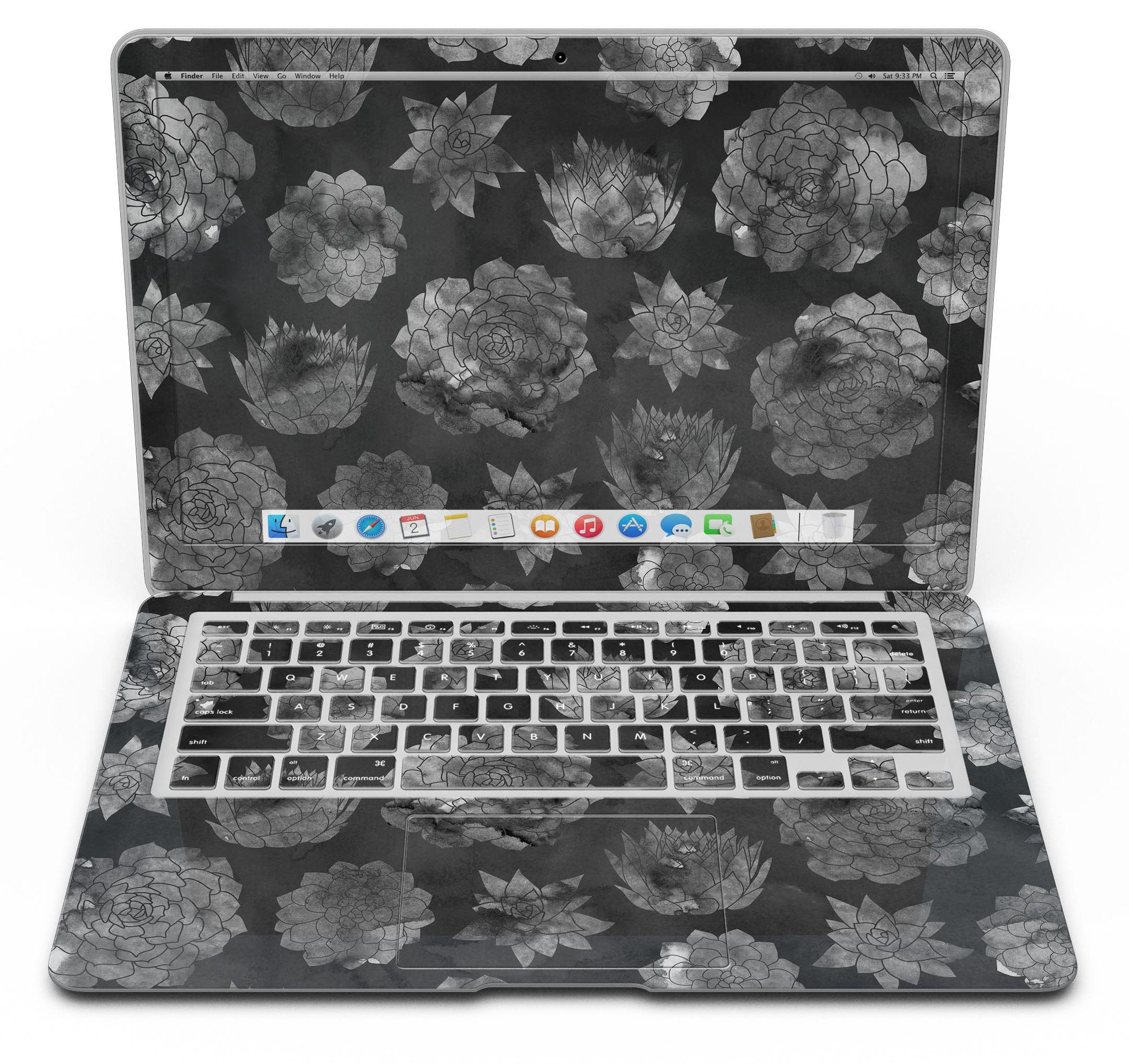 Black Floral Succulents MacBook Air Skin Kit showcasing a vibrant floral design on a sleek laptop surface.