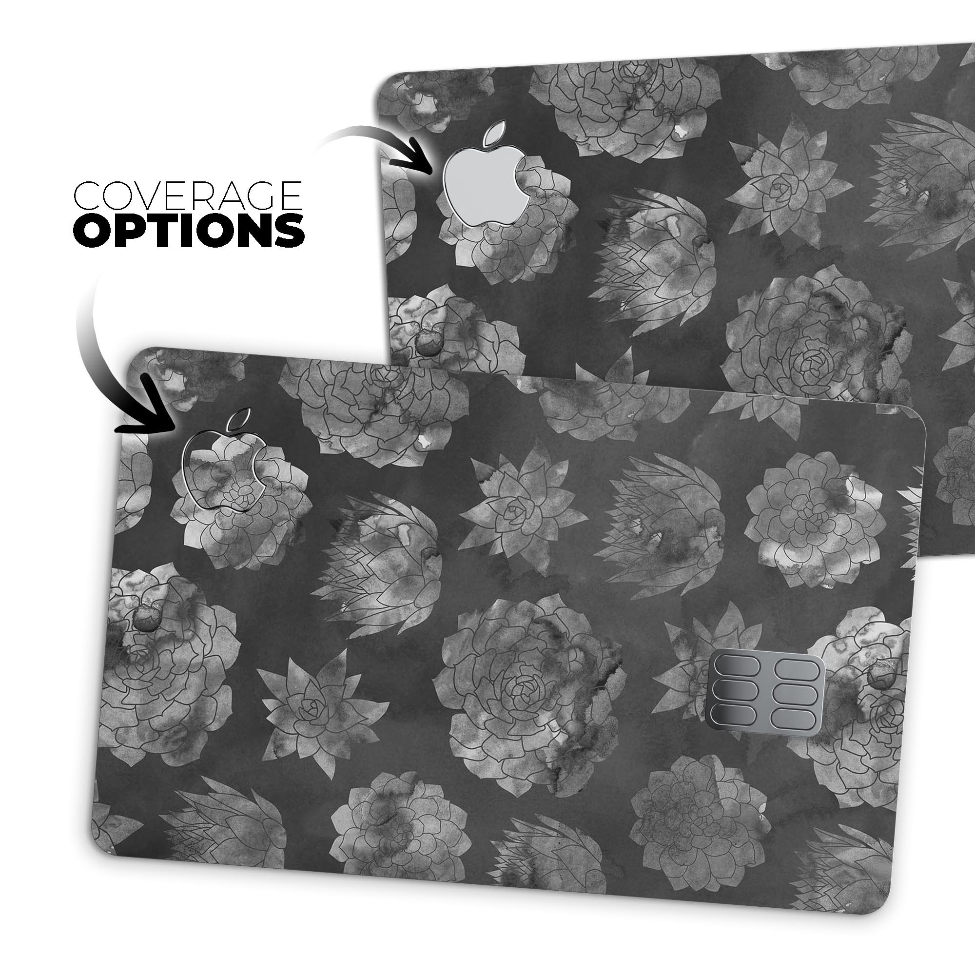 Black Floral Succulents decal skin for Apple Card, showcasing vibrant floral design and premium vinyl material.