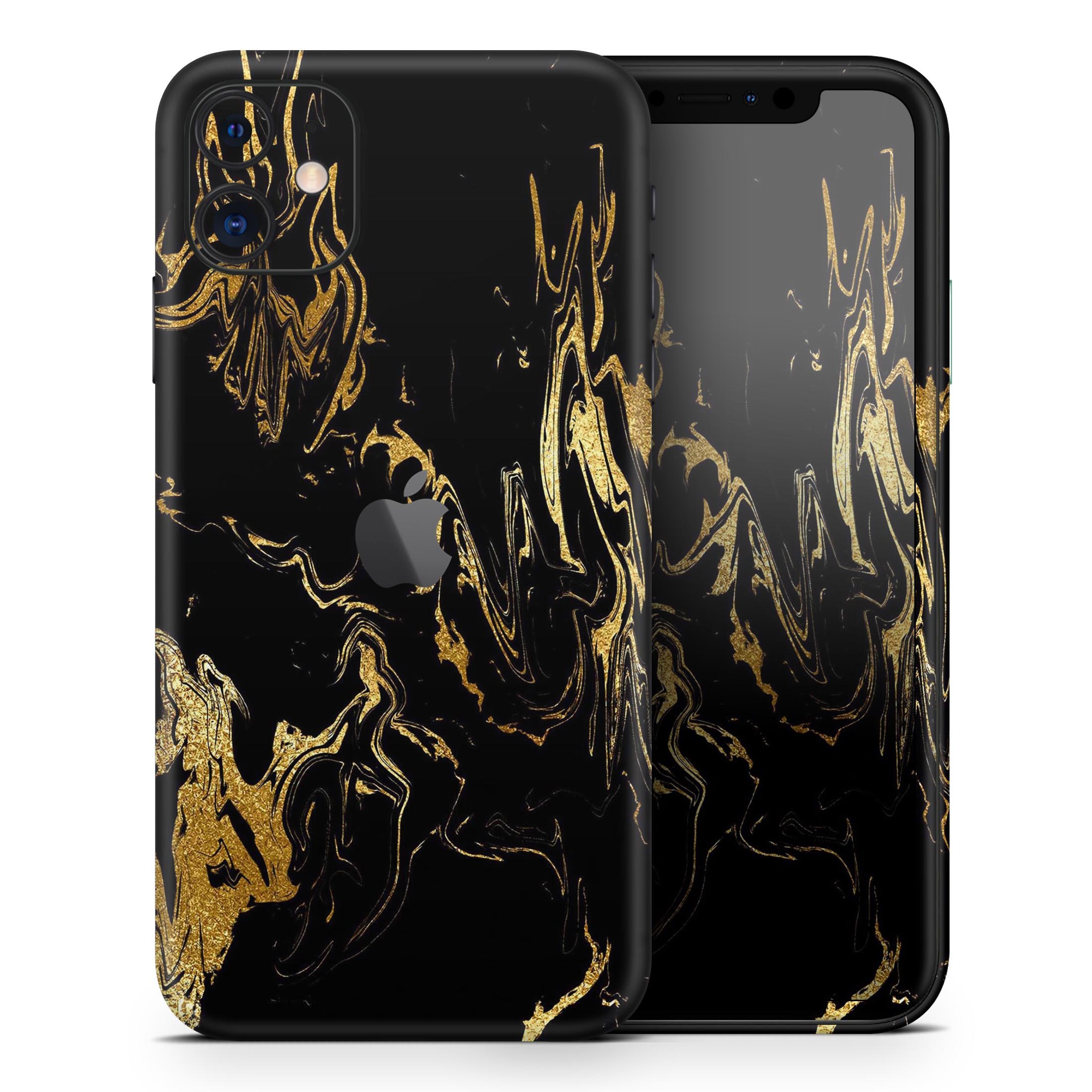 Black & Gold Marble Swirl V1 Skin-Kit for Apple iPhone, showcasing a stylish marble design.