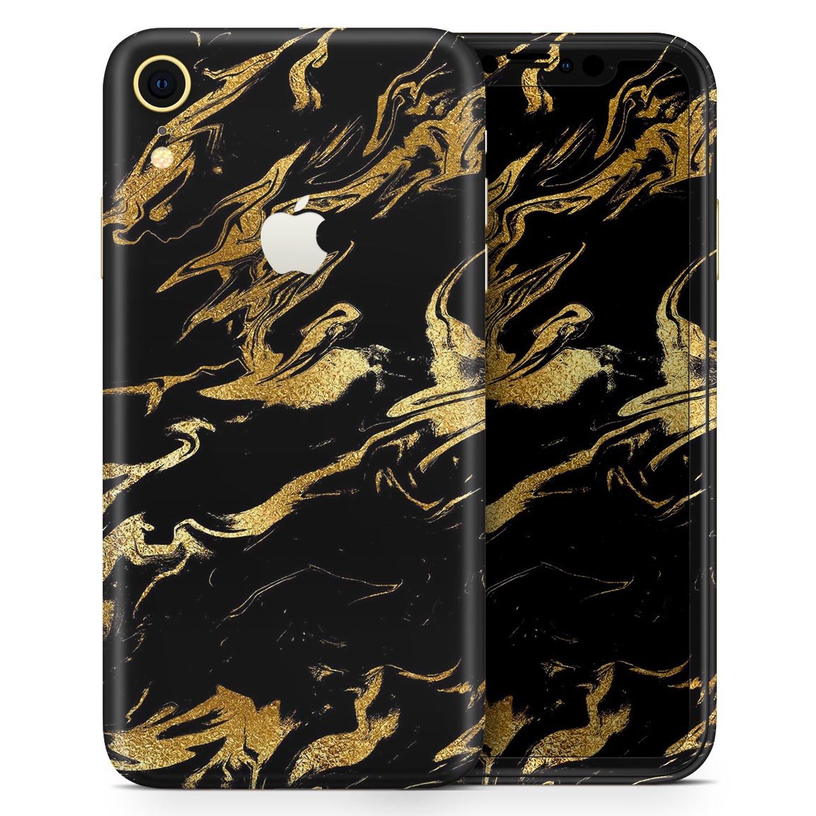 Black and gold marble swirl skin for iPhone XR and XS, showcasing a stylish design that enhances device appearance.